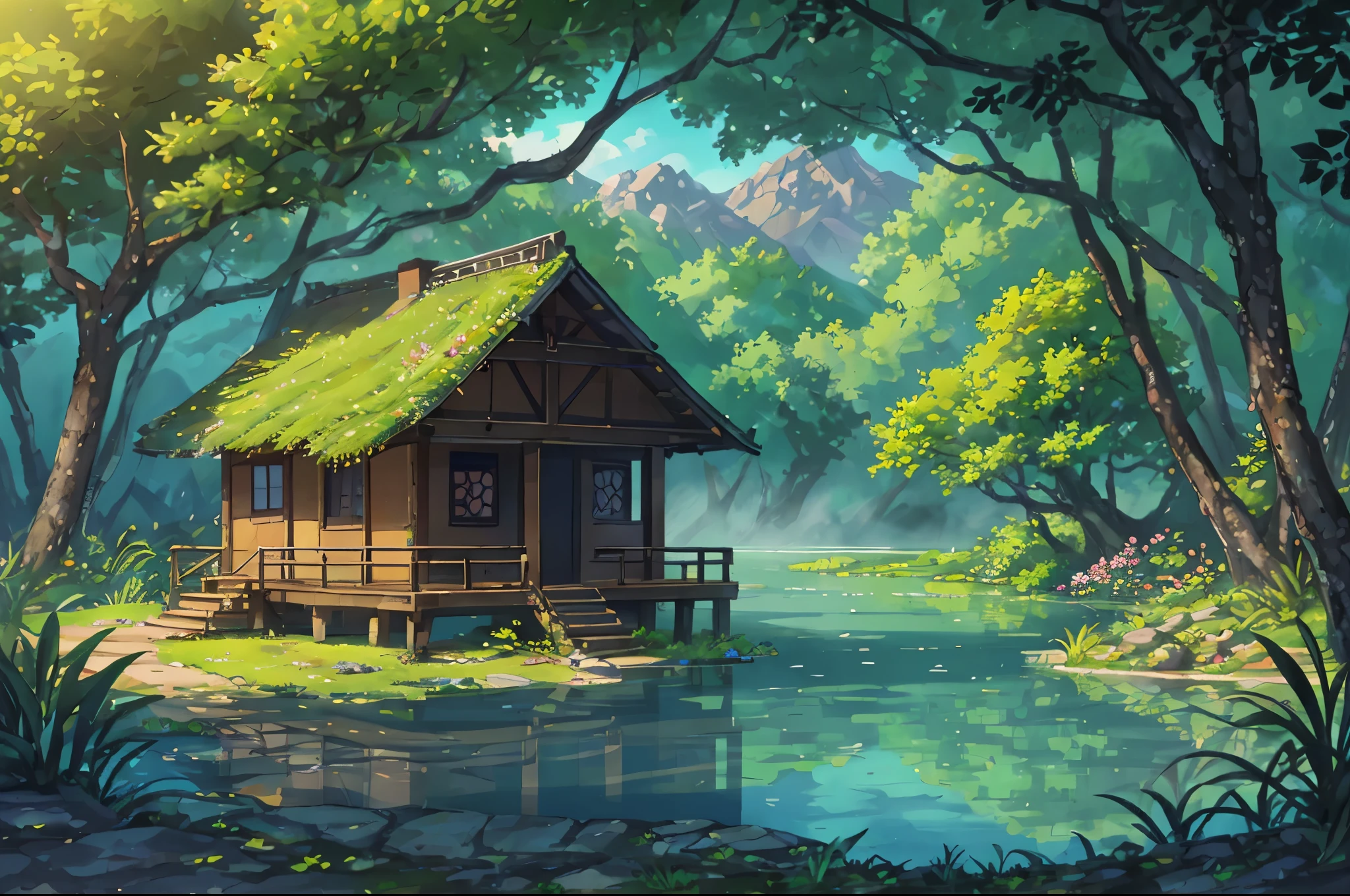 Vietnam ancient times, wooden house, winding dirt road, spring, jungle, lake, cave, waterfall, tree, meadow, rock, deer, hot spring, water vapor, (illustration: 1.0), epic composition, realistic lighting, HD details, masterpiece, best quality, (very detailed CG unified 8k wallpaper)