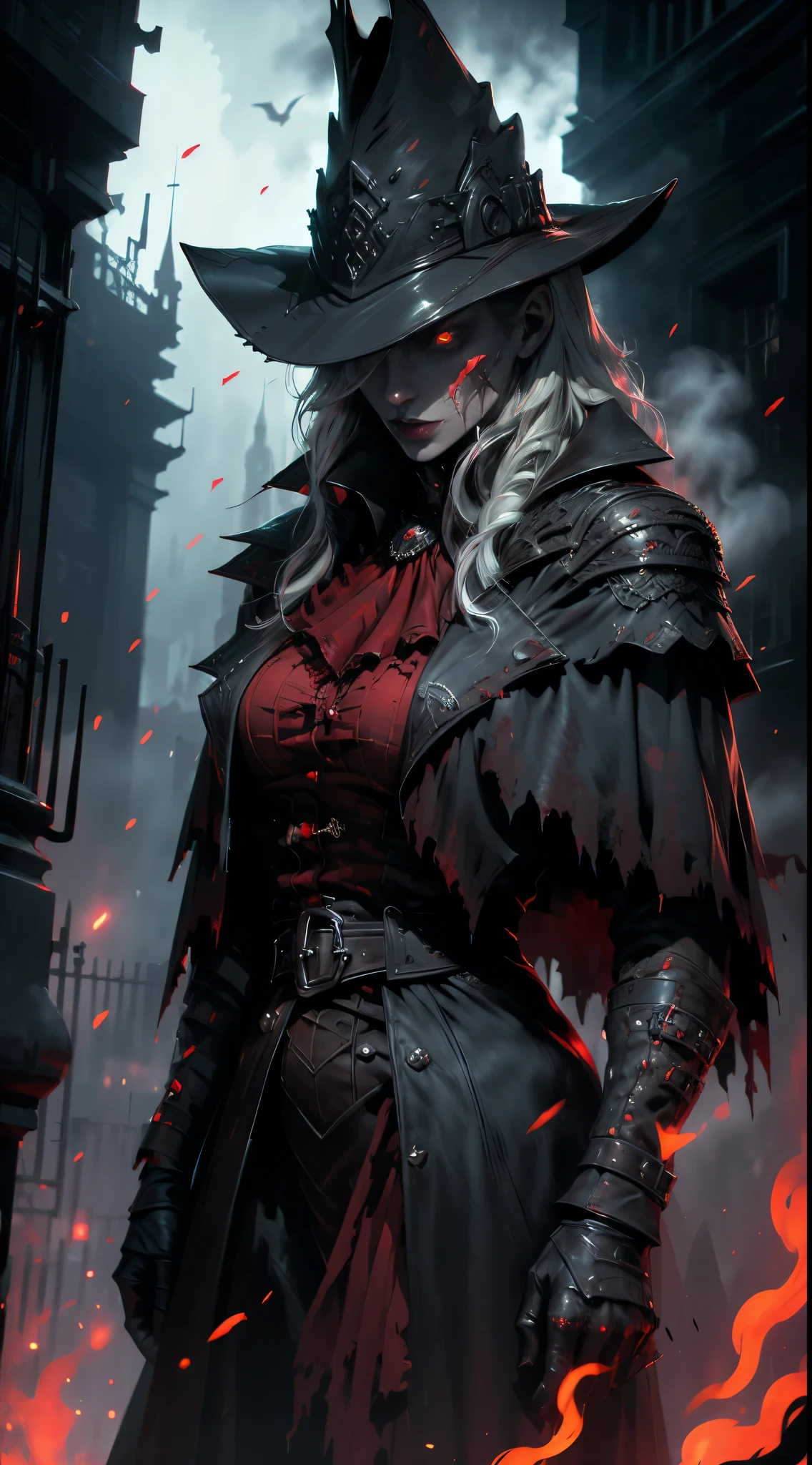 (best quality,4k,8k,highres,masterpiece:1.2),ultra-detailed,(realistic,photorealistic,photo-realistic:1.37),vampire femme,red and black studded leather armor,hell,realistic scenery,ominous atmosphere,dead trees,ominous clouds,dark shadows,evocative lighting,sinister aura,meticulous details,detailed facial features,beautiful detailed eyes,dark red lipstick,sharp fangs,pale skin,fire and brimstone,demonic figures lurking in the background,smoke and mist swirling around,eerie glow,restrained power,haunting expression,leather texture,gritty and dark tone,imposing posture,red and black color contrast,dramatic pose,mystique,gothic art style,contrasting light and dark shades,blood red color accents,ominous ambiance,passion and danger in the air