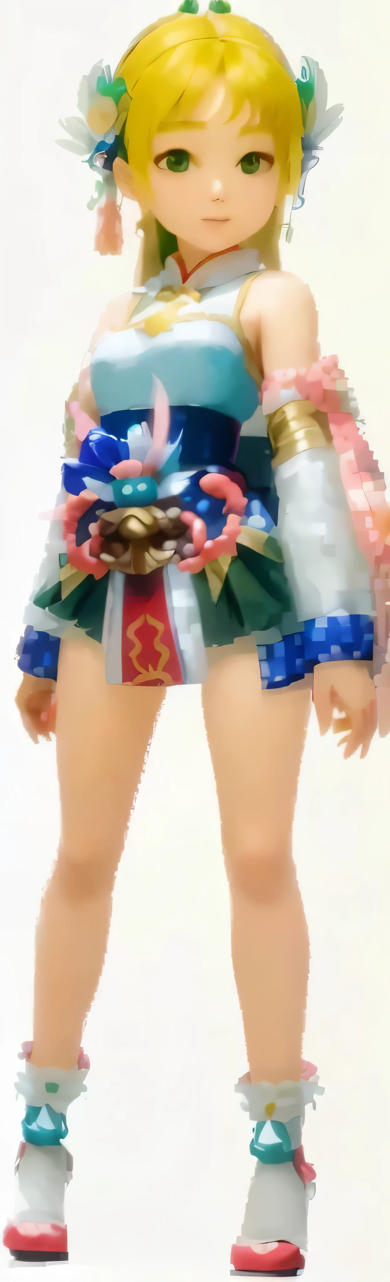 a close up of a girl, ornate korean costume, polearm behind her, clothes themed on a peacock mage, sakura kinomoto, ultra high pixel detail, hand on hips, thighs focus, upper torso included, thighs close up, extremely high level of detail