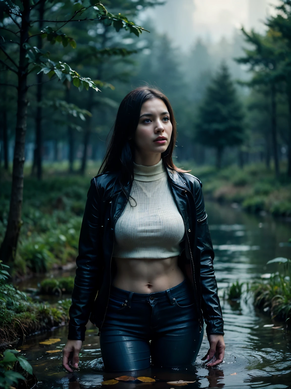(Best Quality,4k,8K,hight resolution,Masterpiece:1.2), Dramatic setting, woman indulges in shameful fetish, drowning in a swamp, faded jeans and blouse, breathtaking epic illustration, oil painting, mesmerizingly beautiful face, intense eyes, chagrined expression, tangled hair, splashes of mud and water, terrible fog around her, Dark and moody color palette, dramatic lighting, emphasizing the intensity of her emotions, surrealistic atmosphere, Mystical atmosphere, subtle hints of rot and rotten foliage, ominous shadows, Eerie silence, foggy marshy area, mysterious and bewitching composition, The smallest details, conveying every ripple and texture of swamp water, Soft touch, giving the scene a sense of movement, reflective fetish elements, overwhelming feelings of guilt and desire.