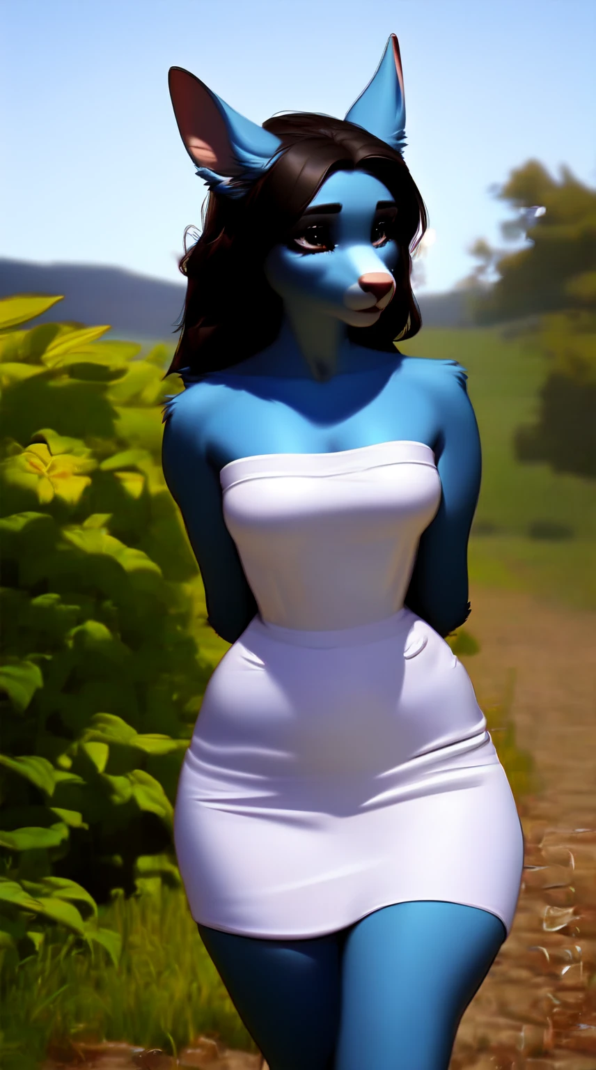 (score_9), (uploaded to e621), ((anthro oc1.1)), (strapless dress), worried look, messy hair, sad face, frowning, anatomically correct, night garden, small breasts, half body, solo, hourglass figure, curvy, plump body, arms tied behind back, thick thighs, cute, high res, facing straight ahead, realistic fur, realistic hair, 8k, cute snout, perfect eyes, looking up, standing straight up, extremely detailed,