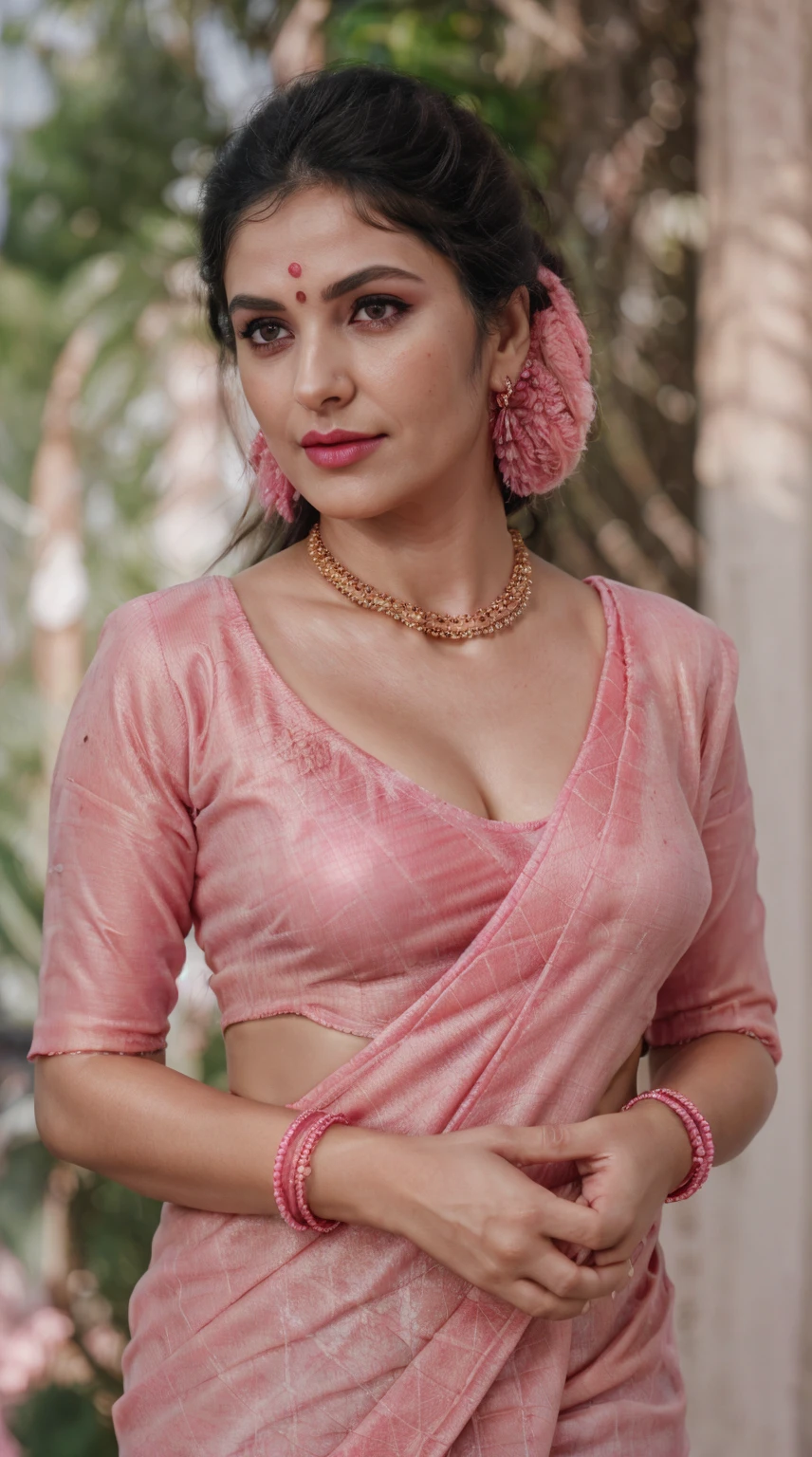 Pink saree, (RAW photo, realism: 1.8), (very dark pink lip gloss, jet dark pink lipstick, realistic eyelashes, dark brown eye shadow, shy, blushing, high quality, high resolution, depth of field, chromatic aberration, caustic, wide light, natural colors, 30 year old woman), necklaces, chokers, earrings, bracelets, wear delicate accessories, soft skin fair pink skin, small breasts size, oily shine skin, slime nose soft skin, wears small golden nose pin,