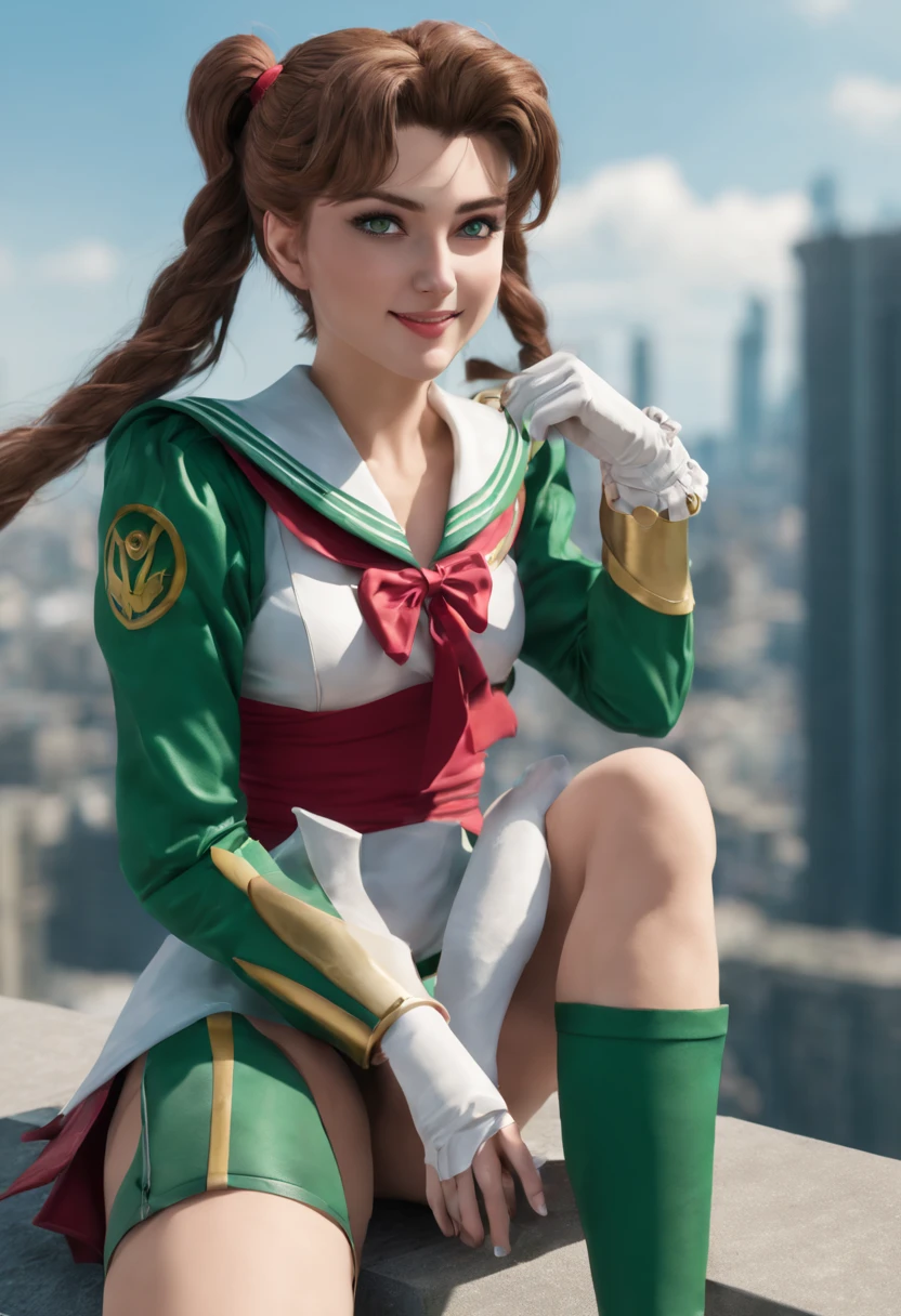 Sailor Jupiter smiling at the camera. She is sitting in her herioc uniform on a sky scraper watching the world beneath her. Next to her is Dante Sparda sword drawn posing. Ultra HD High Quality, Highly detailed, unreal engine 6, 24k