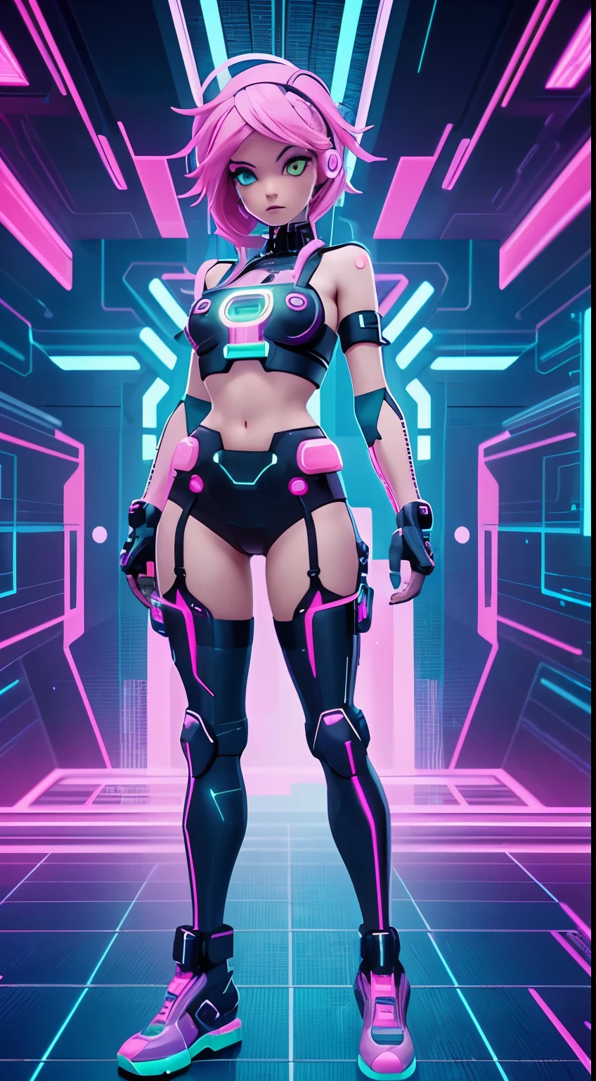 solo, 1girl, full body nude, (electric yellow hair), (electric pink eyes), ((Cyber punk outfit)), (symmetrical eyes), (Perfect face), (Perfect Anatomy), (looking at viewer), (cyber shot), ((Glitch Art background)), (glitch art:1.3) ((glitch effect)), (8k), (HD), (Cinematography)