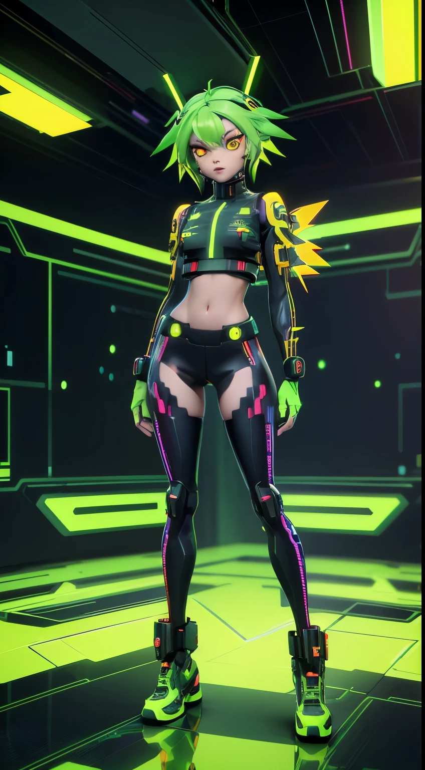 solo, 1girl, full body nude, (electric red green hair), (electric yellow eyes), ((Cyber punk outfit)), (symmetrical eyes), (Perfect face), (Perfect Anatomy), (looking at viewer), (cyber shot), ((Glitch Art background)), (glitch art:1.3) ((glitch effect)), (8k), (HD), (Cinematography)