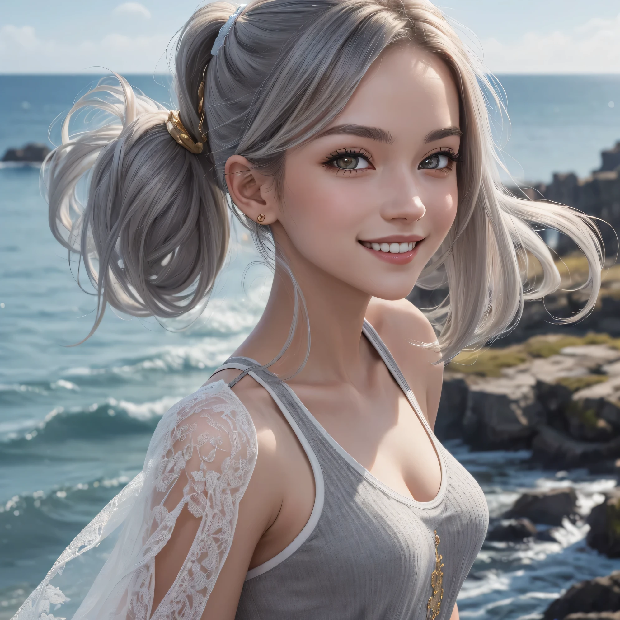 (masterpiece:1.2),(best quality), (ultra detailed), (8k, 4k, intricate),(halft body:1.2),(highly detailed:1.2),(detailed face:1.2), (detailed background), (portrait),detailed landscape, town near sea, (dynamic pose:1.2), 1girl, solo, long pony tail hair, looking at viewer, (white loose tanktop), smile, gold eyes, gray hair, upper body