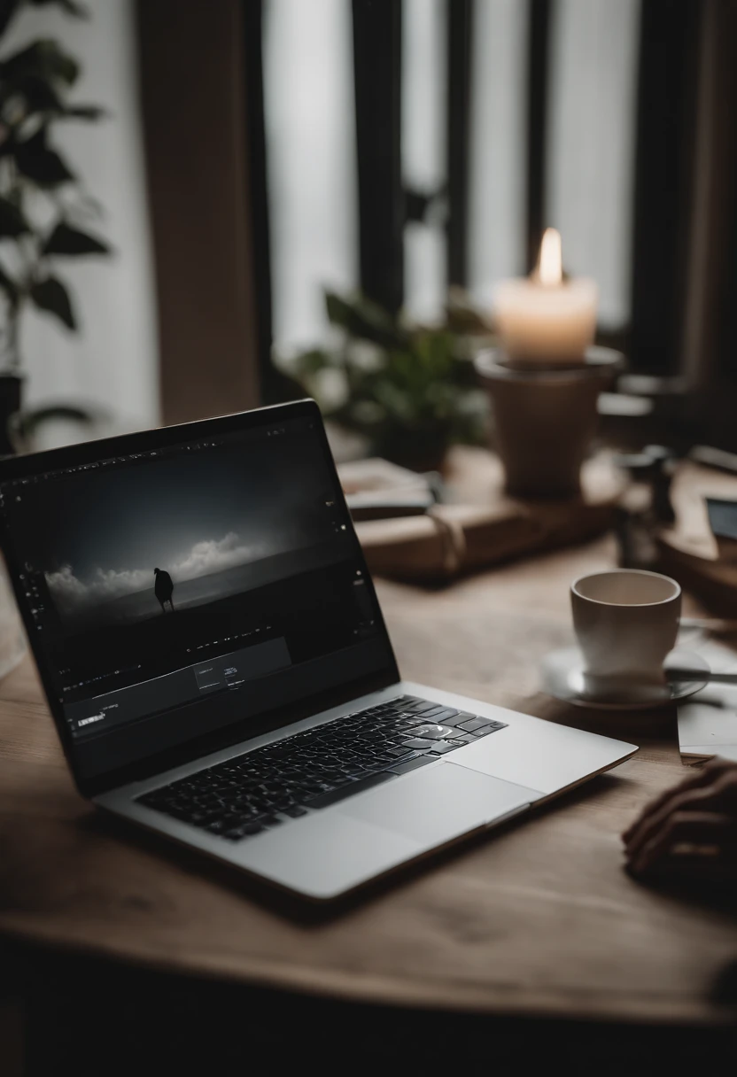 a lifestyle shot of a person holding a blank Canva mockup on a laptop, with a cozy workspace and artistic tools in the background, conveying the idea of creativity and inspiration in design