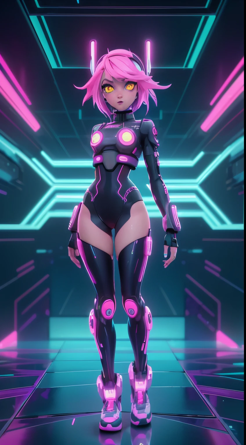 solo, 1girl, full body nude, (electric Aqua pink hair), (electric yellow eyes), ((Cyber punk outfit)), (symmetrical eyes), (Perfect face), (Perfect Anatomy), (looking at viewer), (cyber shot), ((Glitch Art background)), (glitch art:1.3) ((glitch effect)), (8k), (HD), (Cinematography)