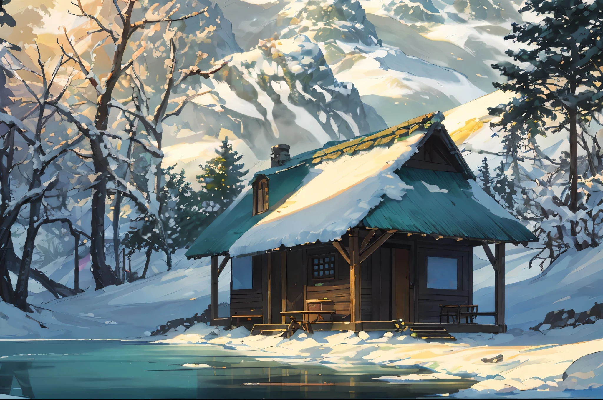 Vietnam ancient times, wooden house, winding dirt road, winter season, snow, jungle, lake, cave, waterfall, tree, meadow, rock, deer, hot spring, water vapor, (illustration: 1.0), epic composition, realistic lighting, HD details, masterpiece, best quality, (very detailed CG unified 8k wallpaper)