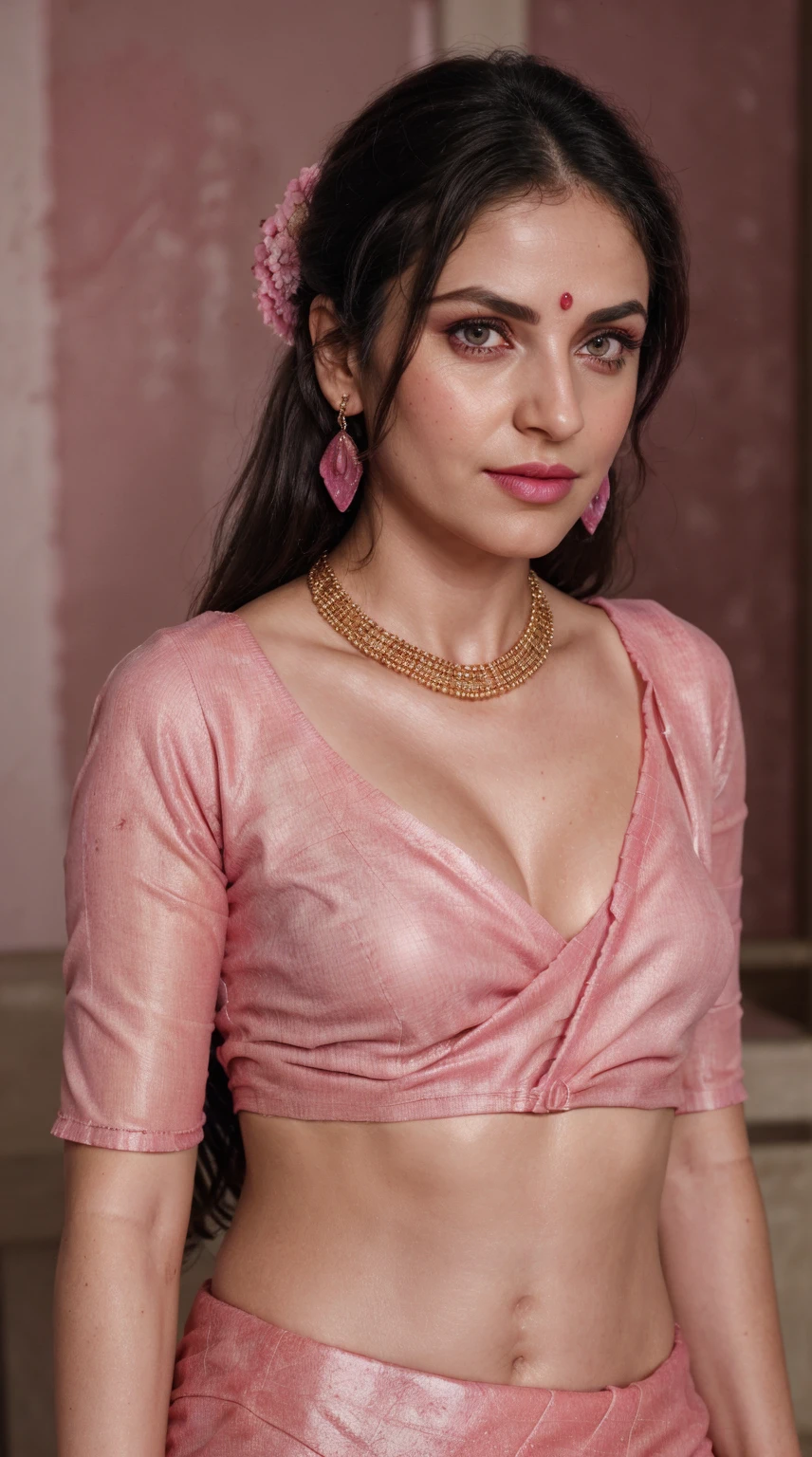 Pink saree, (RAW photo, realism: 1.8), (very dark pink lip gloss, jet dark pink lipstick, realistic eyelashes, dark brown eye shadow, shy, blushing, high quality, high resolution, depth of field, chromatic aberration, caustic, wide light, natural colors, 30 year old woman), necklaces, chokers, earrings, bracelets, wear delicate accessories, soft skin fair pink skin, small breasts size, oily shine skin, slime nose soft skin, wears small golden nose pin,