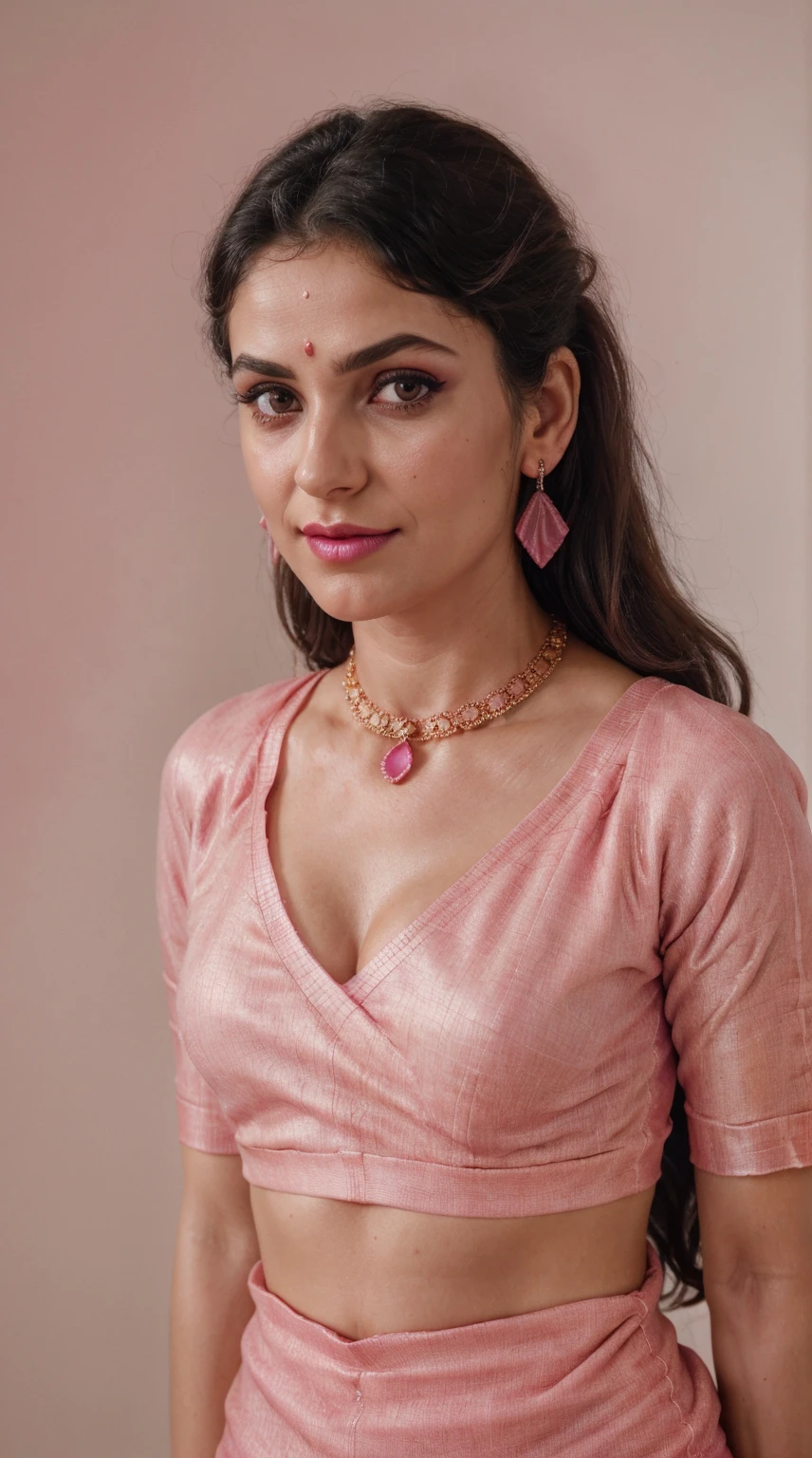 Pink saree, (RAW photo, realism: 1.8), (very dark pink lip gloss, jet dark pink lipstick, realistic eyelashes, dark brown eye shadow, shy, blushing, high quality, high resolution, depth of field, chromatic aberration, caustic, wide light, natural colors, 30 year old woman), necklaces, chokers, earrings, bracelets, wear delicate accessories, soft skin fair pink skin, small breasts size, oily shine skin, slime nose soft skin, wears small golden nose pin,
