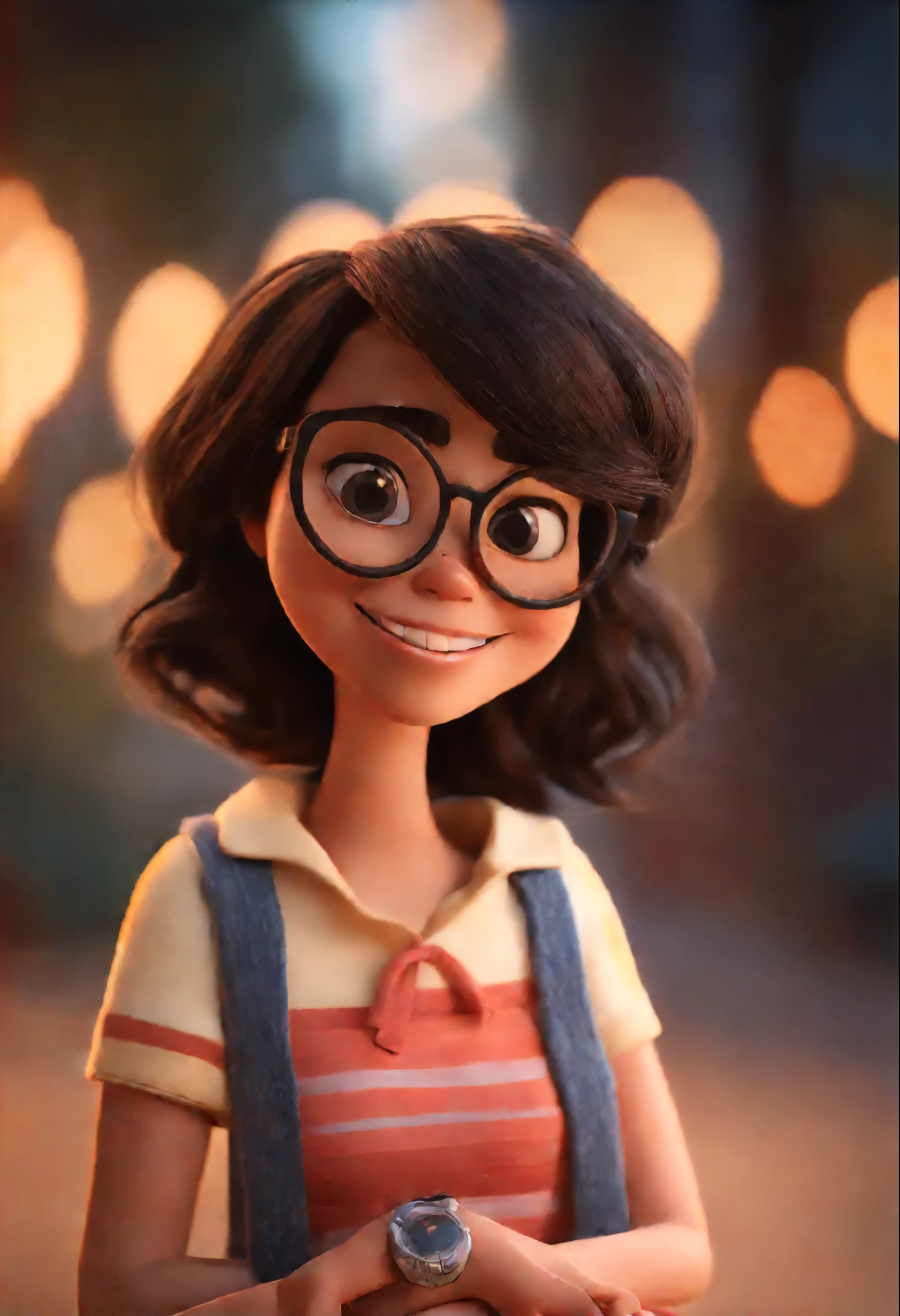 Personaje de dibujos animados de una mujer con gafas negras, en topless , animation character, stylized character, Rendering animation styles, 3D estilizado, Arnold Maya render, 3D render estilizado, Toon renderizar keyshot, Personaje 3D, Personaje 3D, Renderizado 3D estilizado, Renderizado de 3 caracteres D, Personaje de dibujos animados, Personaje de primer plano, Pose del personaje, (estilo pixar) (Pieza maestra:1.2) (Bokeh) (La mejor calidad) (Piel detallada) (Textura detallada) (8k) (arcilla) (cinematic lighting) (Sharp focus with hands on waist