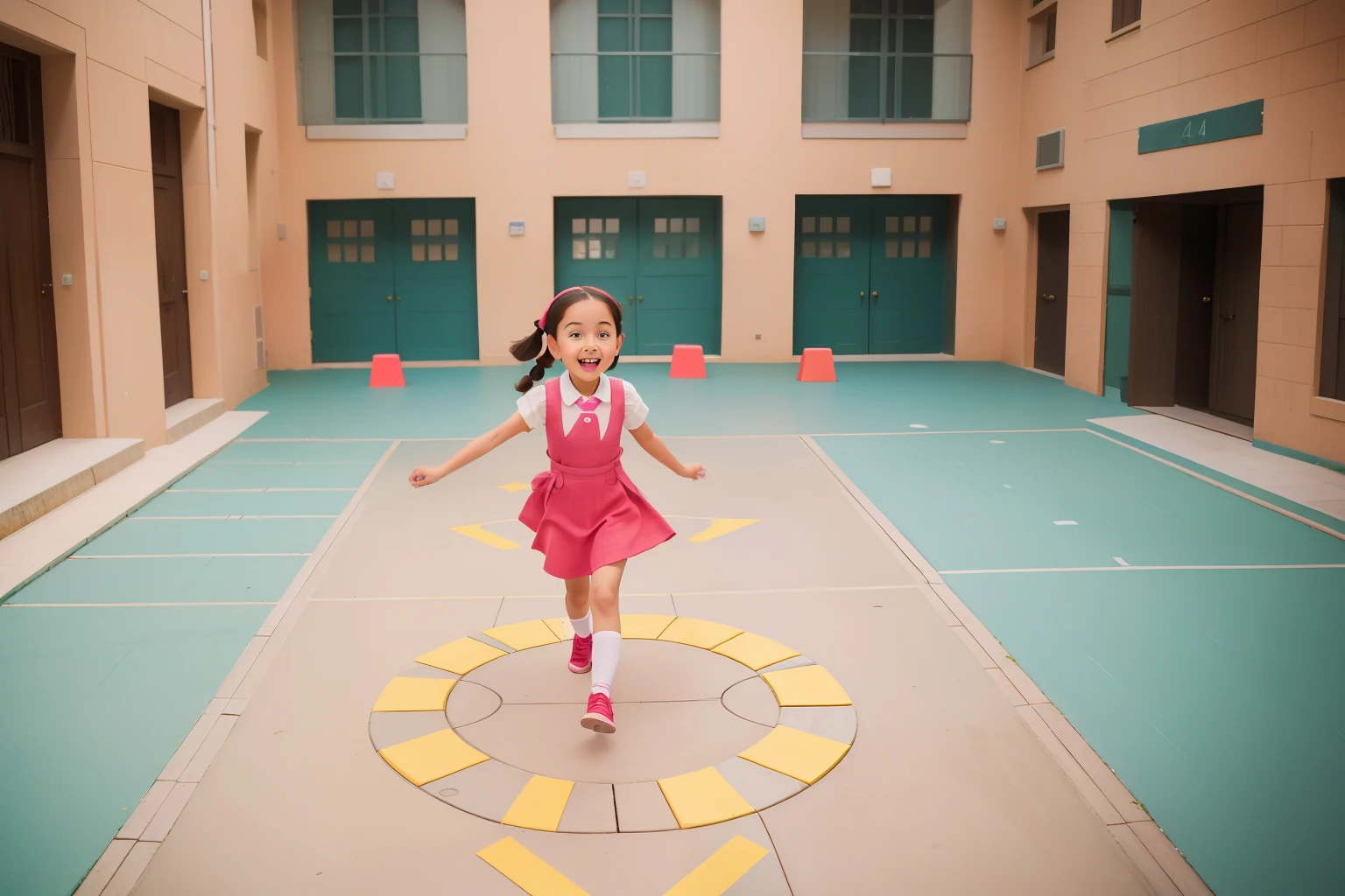 April 2023. Playful Hopscotch in a Wes Anderson Courtyard.
Description: A young girl, around 8 with braided pigtails, joyfully plays hopscotch in a Wes Anderson courtyard. Her animated movements and vibrant schoolgirl outfit bring a playful April hopscotch scene to life.