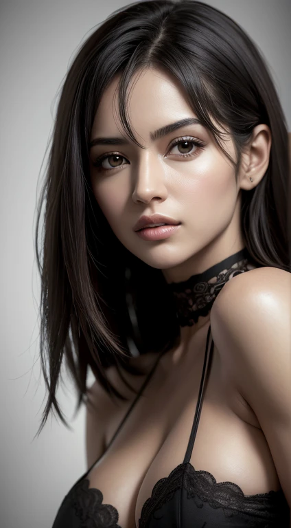 style of Tsutomu Nihei, cleavage, huge breasts, fcPortrait, woman ,cleavage, huge breasts, choker, dress , (sharp focus:1.2), portrait, ((posing)), (beautiful face:1.1), detailed eyes, luscious lips, ((skindentation)), (bright studio lighting:1.2), depth of field, bokeh, 4K, HDFotografia RAW, melhor qualidade, obra-prima, extremamente delicada e bonita, extremamente detalhada, CG, unidade, papel de parede 8k, incredible detailed, finamente detalhado, obra-prima, melhor qualidade, arte oficial, unidade CG extremamente detalhada 8k papel de parede, ultra-detalhado, alta resolução , extremamente detalhado, claro, focado, (melhor qualidade), (realista, fotorrealista:1.6), 8k, soft-lighting, alta qualidade, cinematic lighthing, 1girl, sentada, corpo inteiro, morena, (suor:1), perfeito dedos, cabelo comprido