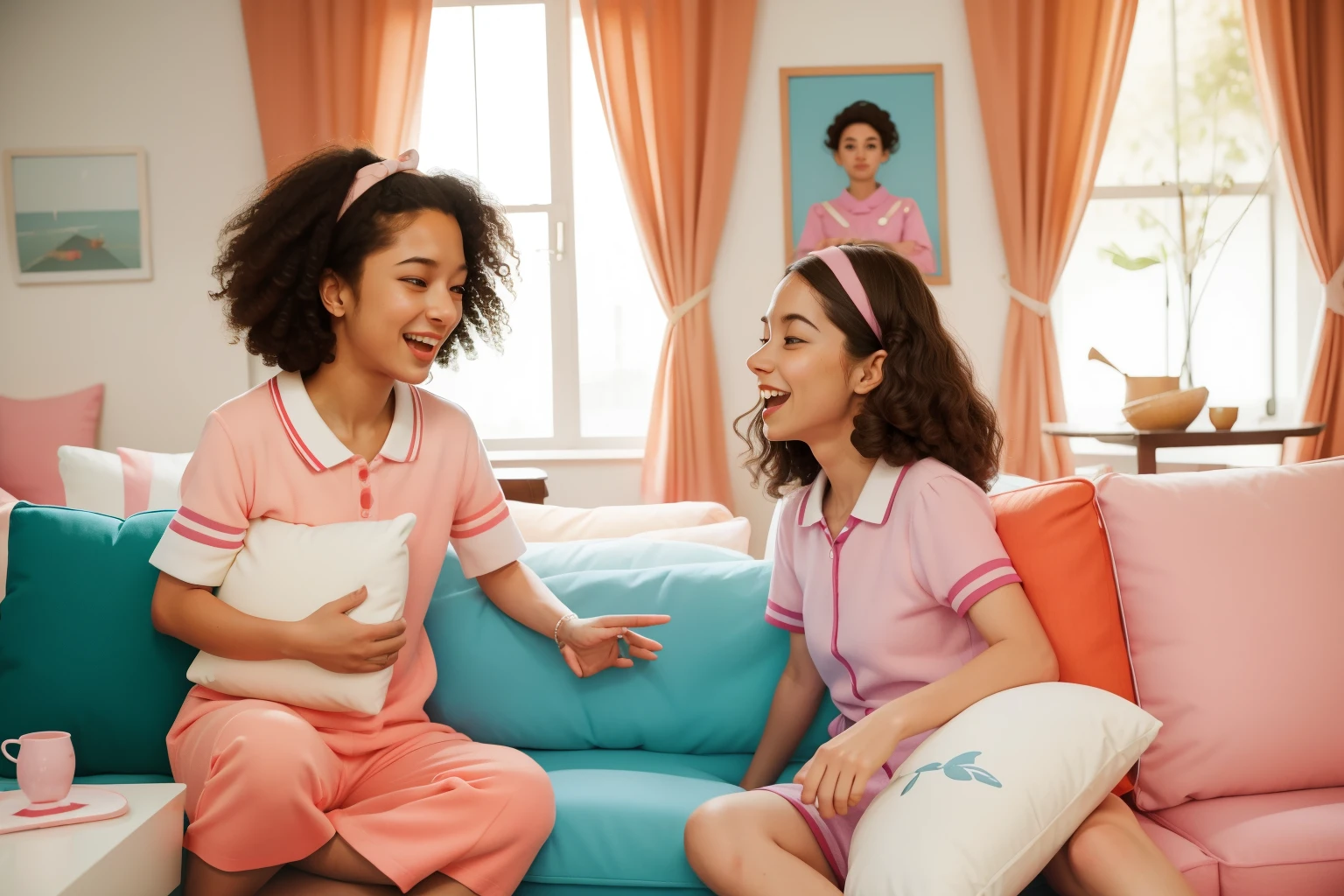 April 2023. Whimsical Pillow Fight in a Wes Anderson Living Room.

Description: Two friends, one in their early 30s with curly hair and the other in their late 20s with a headband, engage in a whimsical pillow fight in a Wes Anderson-inspired living room. Their playful and dynamic movements amidst pastel-colored pillows create a lively April pillow fight.
