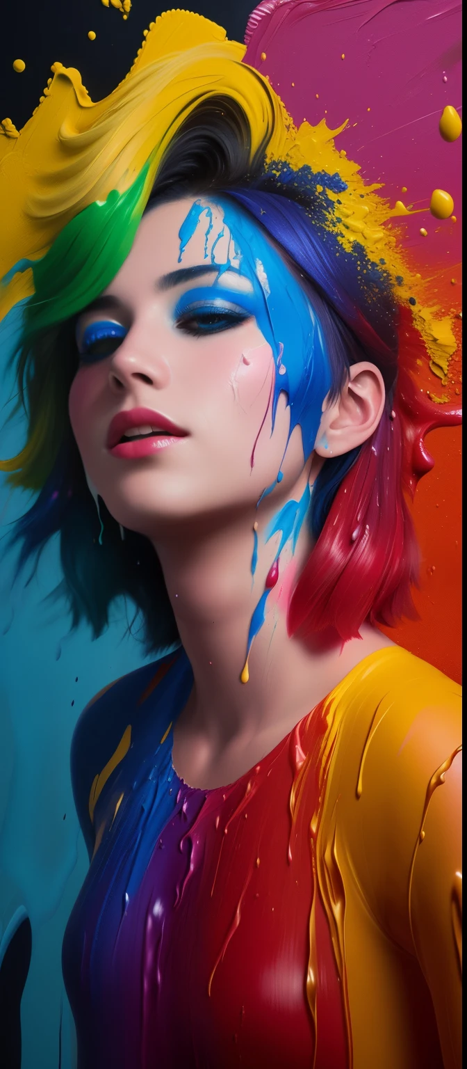 (level difference:1.8),(Paint colliding and splashing on the canvas),(depth of field),1girl's side face blends into it,(side face),open mouth,(liquid paint rainbow hair:1.1) made of paint and defies gravity,thick flowing,(paint splatter:1.3),Liquid state,stunningly beautiful, masterpiece, detailed background,ultra high quality model, ethereal background,abstract beauty, explosive volumetric, oil painting,heavy strokes,Romantic lighting,Sub-Surface Scatterring,lens 135mm,f1.8,glow,8k,high resolution, dreamy,ray tracing,hdr,god rays,