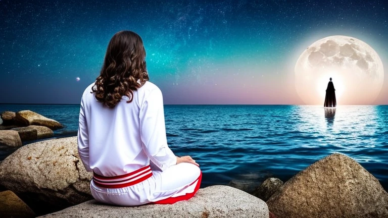 Jesus Christ hands in a prayer position with a white and red outfit sitting on a rock at the edge of a lake looking from dreams looking at the sky at night, a full moon with the starry sky in beautiful logo reflecting the moonlight