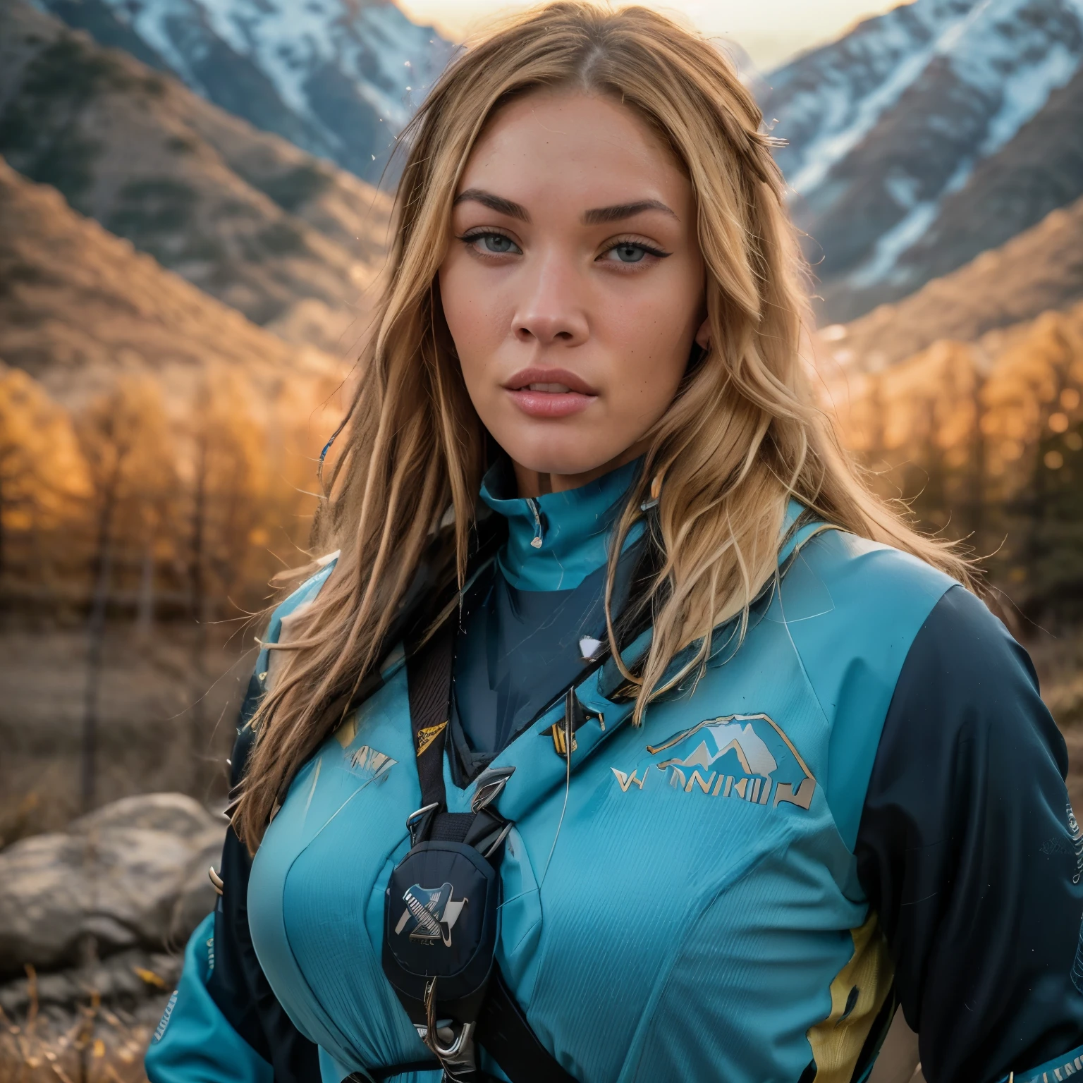 beautiful (blond:1.3) girl (looks like Megan Fox:1.3), very detailed,30 years, sensual gaze,long hair, natural wavy, (blue eyes:1.3), high resolution, masterpiece, best quality, intricate details, highly detailed, sharp focus, detailed skin, realistic skin texture, texture, detailed eyes, professional, 4k, charming smile, shot on Canon, 85mm, shallow depth of field, kodak vision color, perfect fit body, extremely detailed, foto_\(ultra\), photorealistic, realistic, post-processing, maximum detail, roughness, real life, ultra realistic, photorealism, photography, 8k uhd, photography. (((Sunset, at the mountain doing (trekking:1.3))) (wearing a sporty and comfy outfit for trekking), (((full-length photo:1.5)))