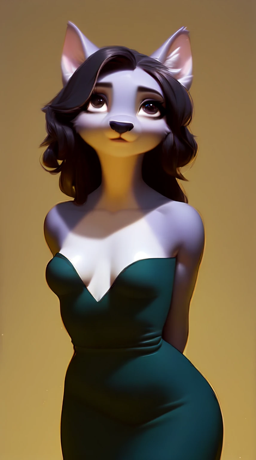 (score_9), (uploaded to e621), ((anthro oc1.1)), (strapless dress), worried look, messy hair, sad face, frowning, anatomically correct, night garden, small breasts, half body, solo, hourglass figure, curvy, plump body, arms tied behind back, thick thighs, cute, high res, facing straight ahead, realistic fur, realistic hair, cute snout, perfect eyes, looking up, standing straight up,