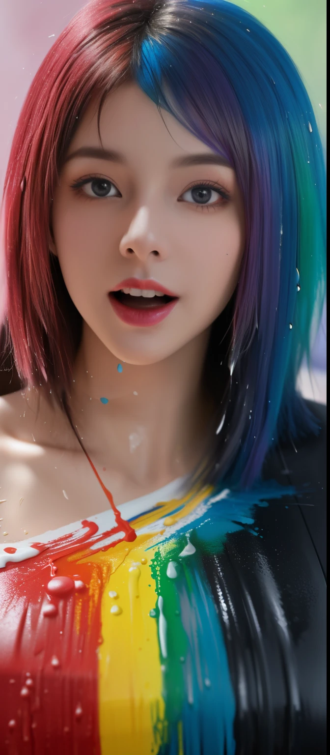 (level difference:1.8),(Paint colliding and splashing on the canvas),(depth of field),1girl's side face blends into it,(side face),open mouth,(liquid paint rainbow hair:1.1) made of paint and defies gravity,thick flowing,(paint splatter:1.3),Liquid state,stunningly beautiful, masterpiece, detailed background,ultra high quality model, ethereal background,abstract beauty, explosive volumetric, oil painting,heavy strokes,Romantic lighting,Sub-Surface Scatterring,lens 135mm,f1.8,glow,8k,high resolution, dreamy,ray tracing,hdr,god rays,