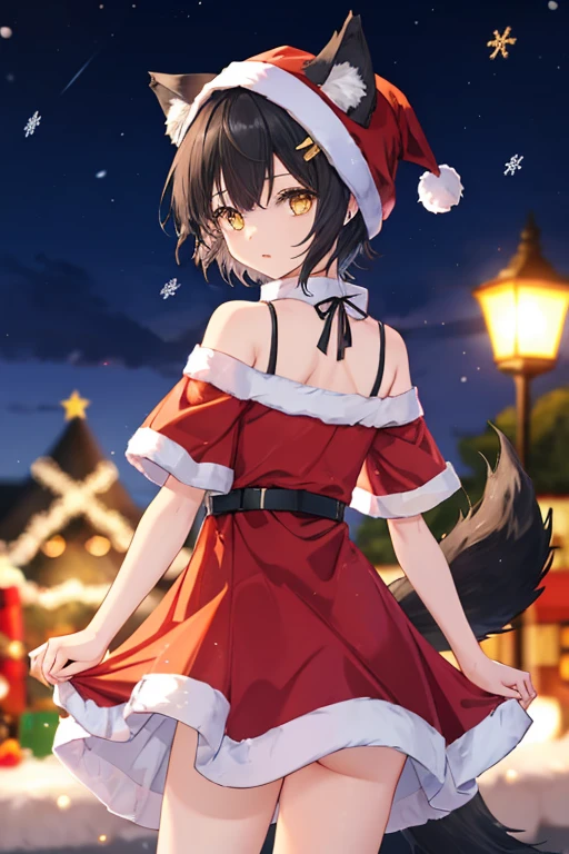 girl with wolf ears and tail, (very short hair), black hair, tomboy, yellow eyes, wears a Christmas Dress