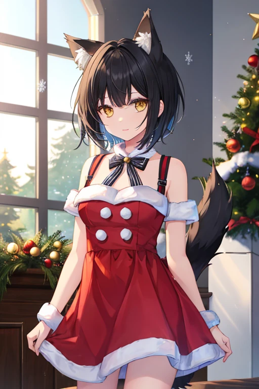 girl with wolf ears and tail, (very short hair), black hair, tomboy, yellow eyes, wears a Christmas Dress