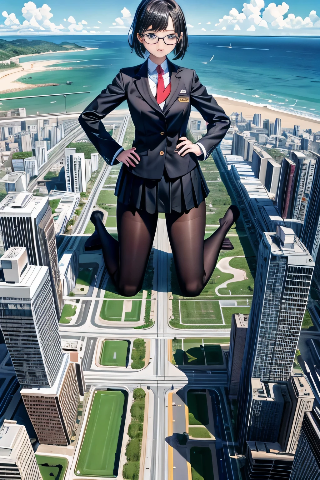 giantess art, a hyperrealistic schoolgirl, 非常に詳細なder rieseショット, der riese, Shorthair, Black pantyhose, a huge high school girl、&#39;It&#39;s much bigger than a skyscraper, Wearing rimless glasses, Colossal tits, Navy blue blazer, Red tie, Mini Length Skirt, Black pantyhose, I'm not wearing shoes., very small metropolis, miniature metropolis, 足元までの高さしかないminiature metropolisで、squatting and urinating, The city is a sea of urine, tsunami of urine, Small trains and cars are washed away with urine., Full body depiction, nffsw, Giga Giants, Black pantyhose, Pantyhose legs, Pantyhose feet, ,Stomping City,crash city,Small town,micro city, Peeing,