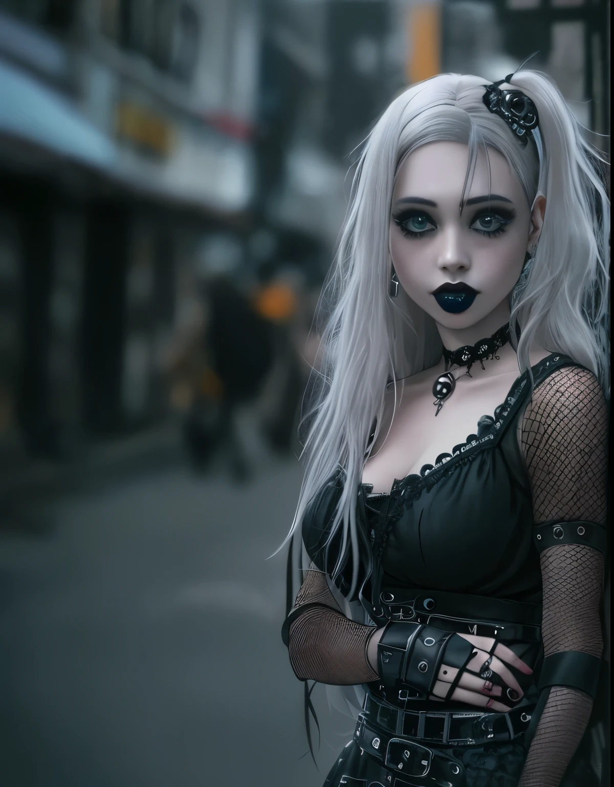Masterpiece, absurdres,award winning photo, extremely detailed, amazing, fine detail, extremely detailed eyes and face, by lee jeffries nikon d850 film stock photograph 4 kodak portra 400 camera f1.6 lens rich colors hyper realistic lifelike texture dramatic lighting unrealengine trending on artstation cinestill 800 tungsten,goth woman, thepit bimbo, glossy, (face ultra closeup shot:1.325)

 GothGal, (ultra short skirt, fishnet stockings, gothic print, imprinted skulls:1.25), a woman in a black and white outfit is standing on the street,woman wearing a GothGal outfit, large boots, twin tail, frilly dress, lace, ribbon, lipstick, pale skin