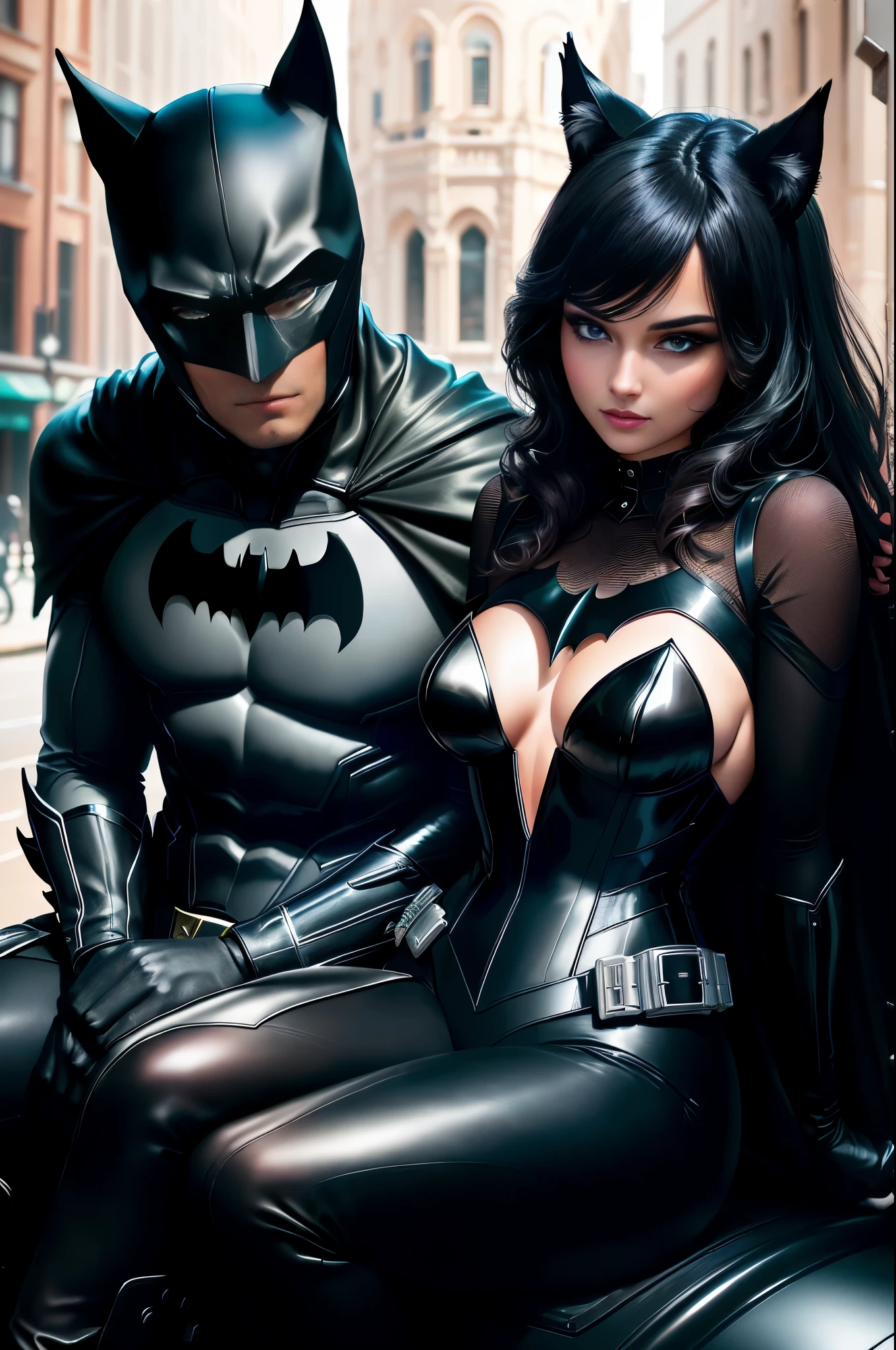batman and catwoman riding together on the same batmobile ((a beautiful, strong, shiny fur, black and expressive eyes, Black Steed)), Batman is riding bareback without a saddle on the Black Corvel and Catwoman is sitting in front of him on the Black Steed, are riding in Gotham city municipal park, a beautiful couple on valentine's day, realistic, high definicion, ultra resolution, ultra definicion, detailed, Fujifilm XT3, Dark ilumination, intensity, dramatic, romantic, 64k,