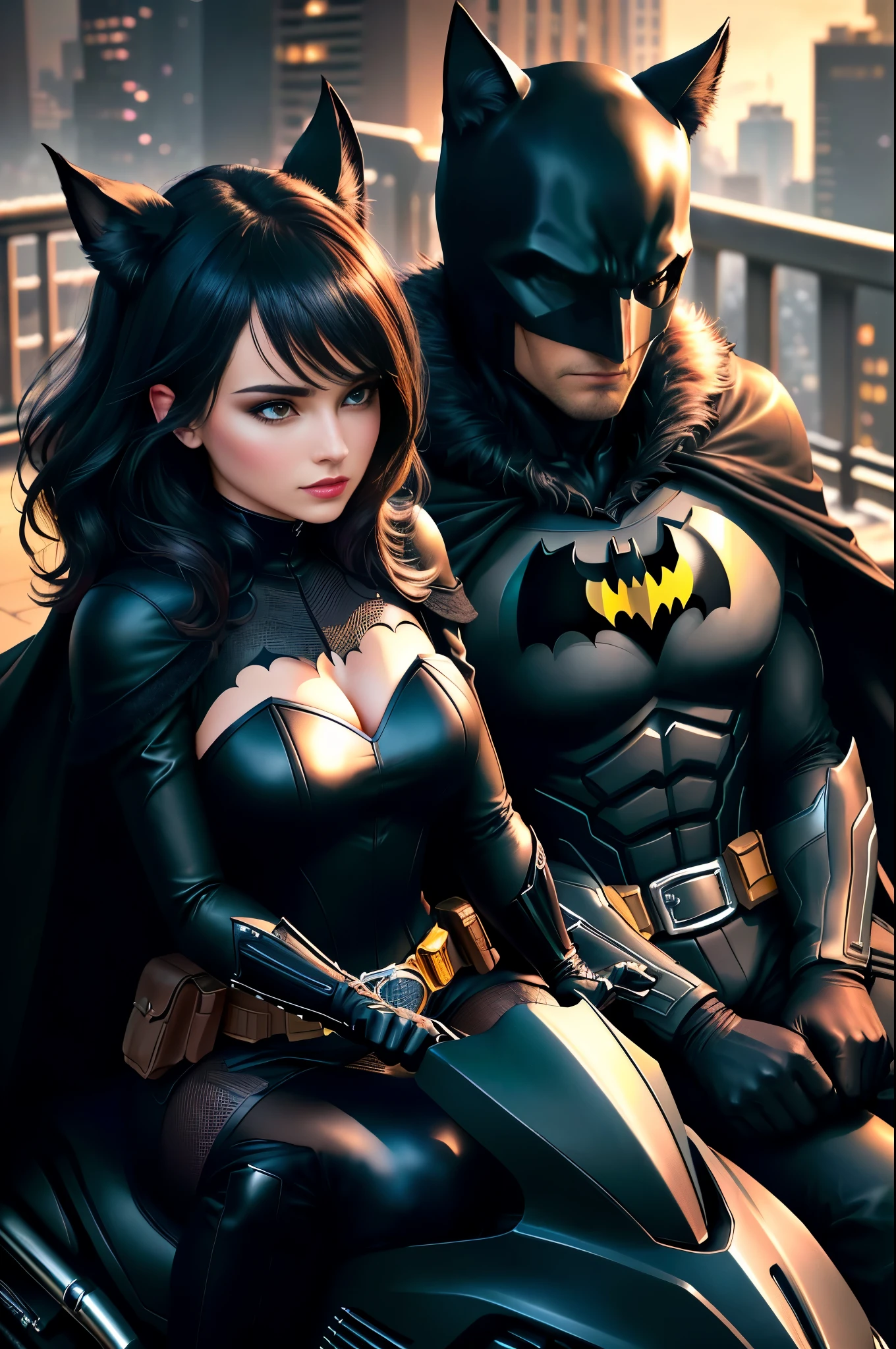 batman and catwoman riding together on the same horse ((a beautiful, strong, shiny fur, black and expressive eyes, Black Steed)), Batman is riding bareback without a saddle on the Black Corvel and Catwoman is sitting in front of him on the Black Steed, are riding in Gotham city municipal park, a beautiful couple on valentine's day, realistic, high definicion, ultra resolution, ultra definicion, detailed, Fujifilm XT3, Dark ilumination, intensity, dramatic, romantic, 64k