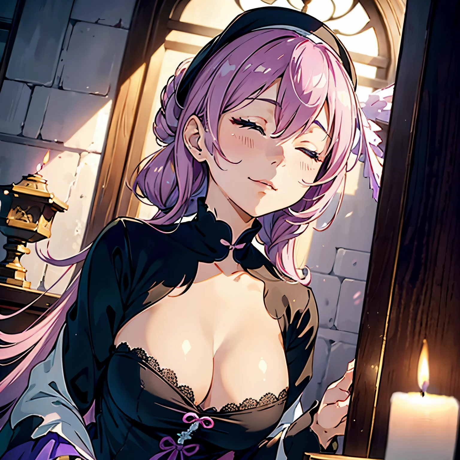 ​masterpiece，((top-quality)),8k wallpaper,((Female 1))，Pink hair，pink thin eyebrows，smirk，((closed eye:1.5))，Pink cheeks，((very detailed facial details)),Transcendent Beautiful Girl，Cultivated woman，(Dressed in a purple nun&#39;s costume)，Wearing a purple top with white frills on the collar，golden cross necklace，Good cosplay，Lift up the clothes you are wearing，穿いているBlack lace pantiesを披露，Black lace panties，Angle from below，up close shot，Bite，Italian Models，Clarice di Lanza from Arcana Heart 2，Clarice di Lanza cosplay，The background is a chapel，natta，Candlelight，The light of a candle illuminates her