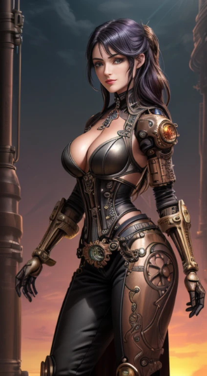 Beautiful young biomechanics steampunk battle cyborg woman realistic film shallow focus scene, Mais sobre seu steampunk de corpo inteiro、Athletic body, seios grandes, cabelo roxo e vermelho, It is in fluid motion in an arid place with stunning cloudscapes and sunsets、hydraulic cylinder、metro、Pipes、LED lamp、vacuum tubes、processador、LED、Tubo de escape de fibra de vidro、radiador、electronic circuitry、
The cleavage is visible、
(usando roupas futuristas (tangerina:0.3) Its intricate and detailed steampunk body of anatomically sculpted biomechanical graphite, (Biomechanical Graphite Steampunk Cyborg Grady、Complex and detailed anatomical carved with gothic detail).Fone de ouvido futurista、
(Biomechanical graphite steampunk cyborore anatomically sculpted in elegant and glamorous goth lolios, Wires and microchips are、Habilmente em seu corpo ciborgue feminino)
Corpo esguio em forma quente com um lindo rosto jovem e redondo, expressivos grandes olhos redondos,
Capturado com luz natural brilhante e belas cores vibrantes. Stunning images with 8K resolution in steampunk style.
The scene has a strong heroic unconquerable mood, a masterful complete scene of the female full body standing with a happy expression.