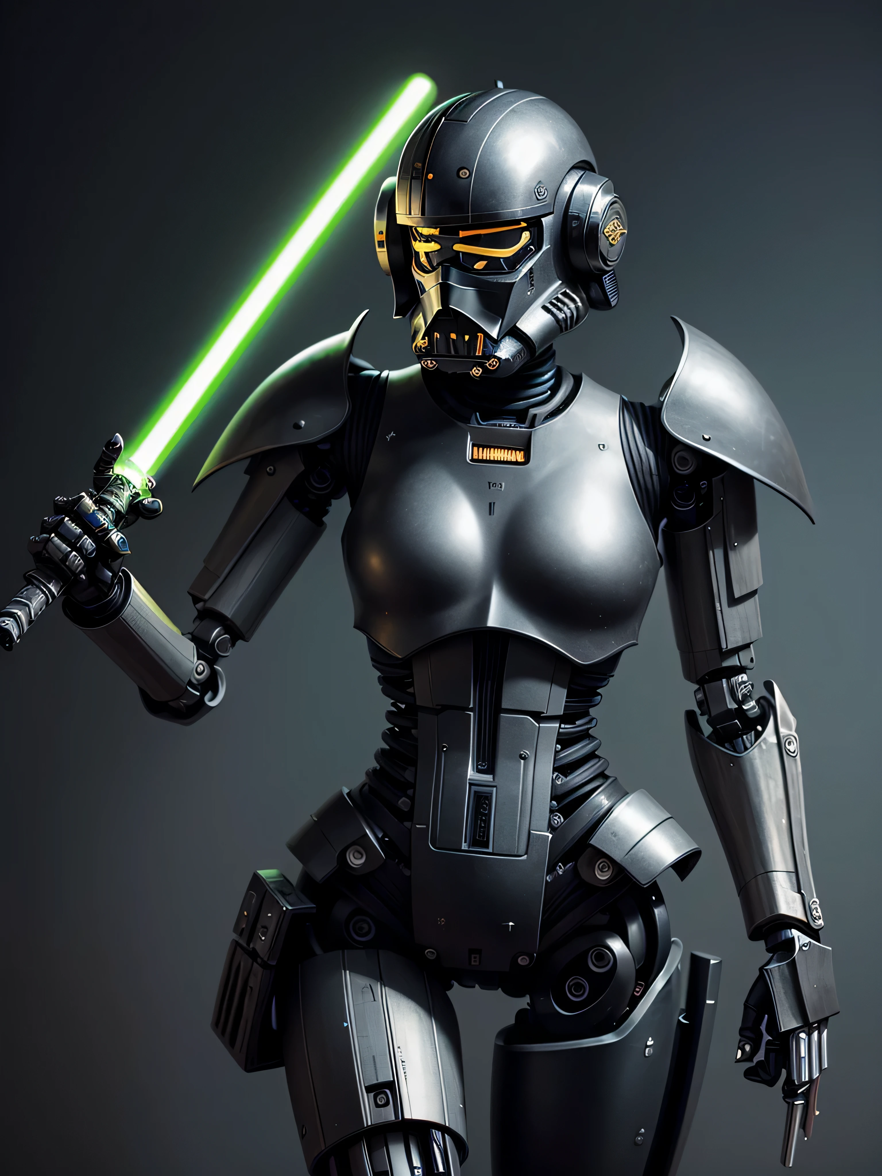 ((best quality: 1.5)) ((masterpiece: 0.8)), intricate details, sharp focus, professional, photorealistic, real life, realistic representation of the face, ((((solo) female robot, dreadnaught, droid, (lightsaber, (mechanical arm, cyborg face))))) bright glow, dynamic pose, gorgeous perfect face, in the style of realistic and hyper detailed renderings, zbrush, hyper realistic oil, contoured shading, dark room, dark background, black background, solo, BREAK; BREAK ((((((narrow hips, skinny)))))), ((fujicolor)), BREAK; BREAK ((((futuristic (matte black warhammer armor, (wrist bayonet))), photorealistic, hyper-realistic)))