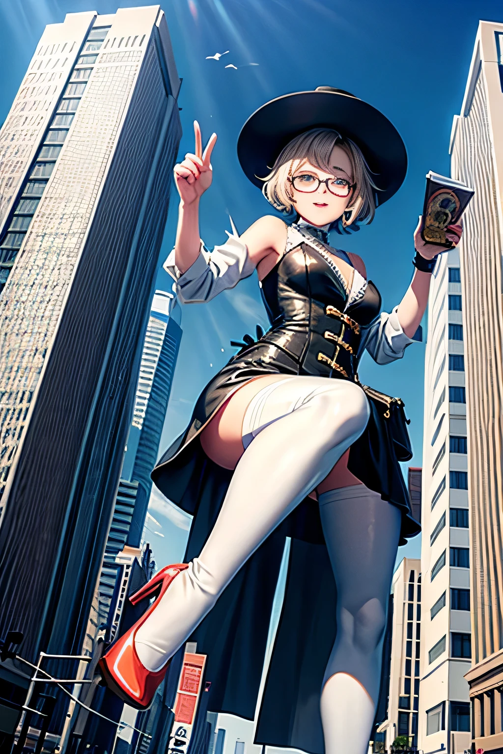 mujer con pene, Cum on the street, cum on the building, Futanari, no testicles, erection, giantess art, highly detailed giantess shot, der riese, Beautiful girl wearing a huge swimsuit, Shorthair, Giant woman bigger than a skyscraper, Wearing rimless glasses, Colossal tits, Big ass, Futanari, Giant Root, Erect penis, very small metropolis, miniature metropolis, Full body depiction, Removed clothes are hung on the building., nffsw, der riese, Small town,micro city,