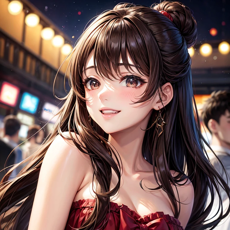 animesque、a beauty girl、karaoke、Crowds、present、profile、Brown hair、Black eyes glow、A smile、