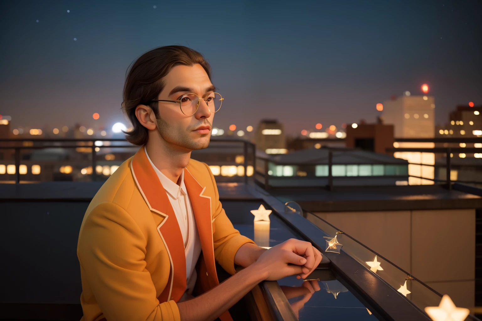 May 2023. Reflective Stargazing on a Wes Anderson Rooftop.
Description: A man in his late 20s, with disheveled dark hair and wearing vintage glasses, lies on a Wes Anderson rooftop, engaging in reflective stargazing. His contemplative movements and the city lights below evoke a serene May rooftop moment.