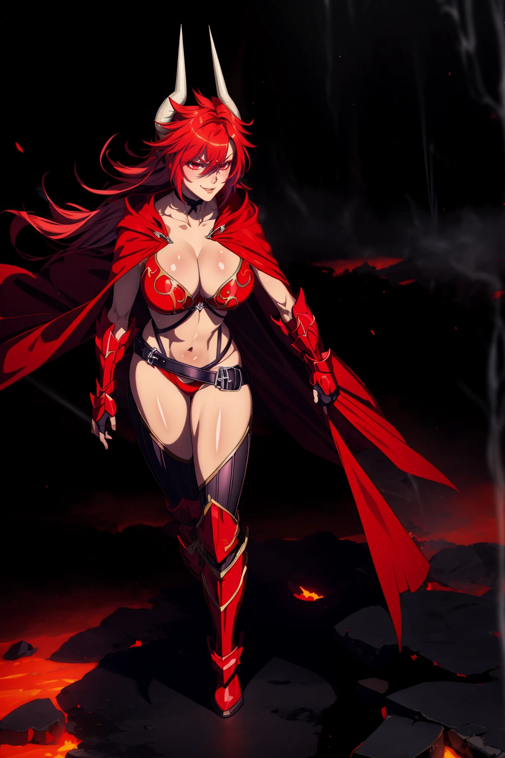 (masterpiece, best quality:1.2), 1girl, satanx, dramatic lighting, god rays, dark, smoke, mist, fog, fantasy landscape, (embers), magma, light particles, breasts, red bikini armor, red cape,annoyed, soft particles 1nf3rnalAI, standing, full body, boots,,smile, happy, standing,full body