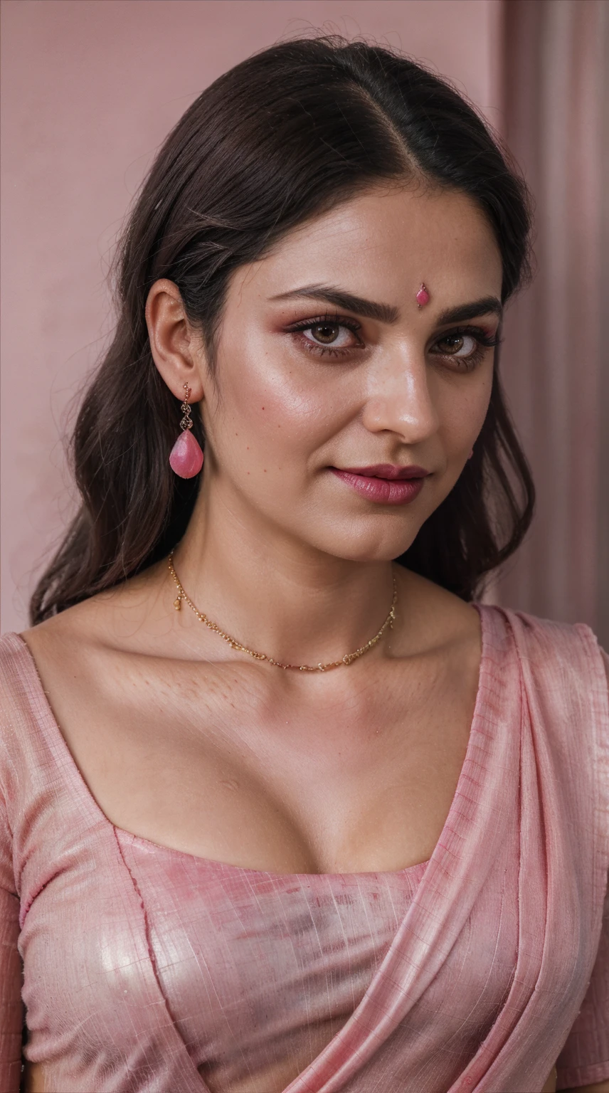 Pink saree, (RAW photo, realism: 1.8), (very dark pink lip gloss, jet dark pink lipstick, realistic eyelashes, dark brown eye shadow, shy, blushing, high quality, high resolution, depth of field, chromatic aberration, caustic, wide light, natural colors, 30 year old woman), necklaces, chokers, earrings, bracelets, wear delicate accessories, soft skin fair pink skin, small breasts size, oily shine skin, slime nose soft skin, wears small golden nose pin,