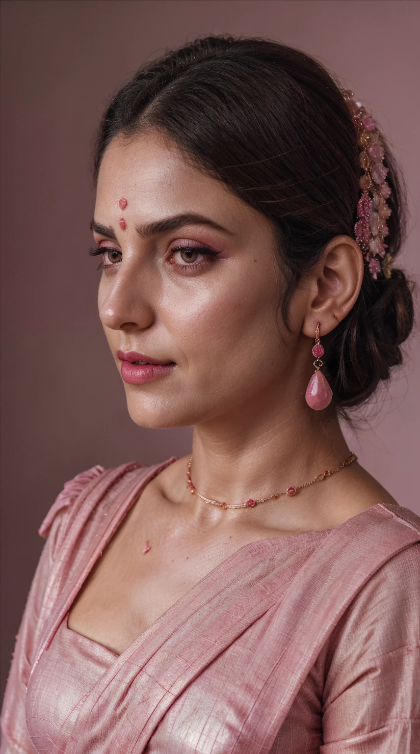Pink saree, (RAW photo, realism: 1.8), (very dark pink lip gloss, jet dark pink lipstick, realistic eyelashes, dark brown eye shadow, shy, blushing, high quality, high resolution, depth of field, chromatic aberration, caustic, wide light, natural colors, 30 year old woman), necklaces, chokers, earrings, bracelets, wear delicate accessories, soft skin fair pink skin, small breasts size, oily shine skin, slime nose soft skin, wears small golden nose pin,