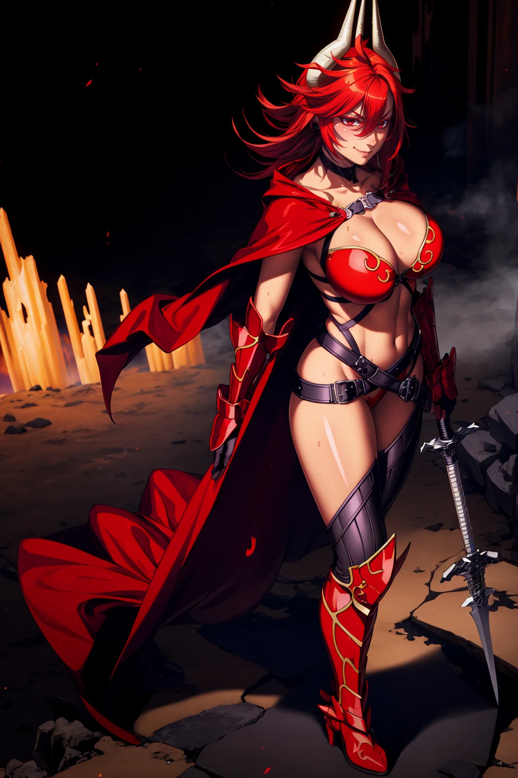 (masterpiece, best quality:1.2), 1girl, satanx, dramatic lighting, god rays, dark, smoke, mist, fog, fantasy landscape, (embers), magma, light particles, breasts, red bikini armor, red cape,annoyed, soft particles 1nf3rnalAI, standing, full body, boots,,smile, happy, standing,full body, sword holding