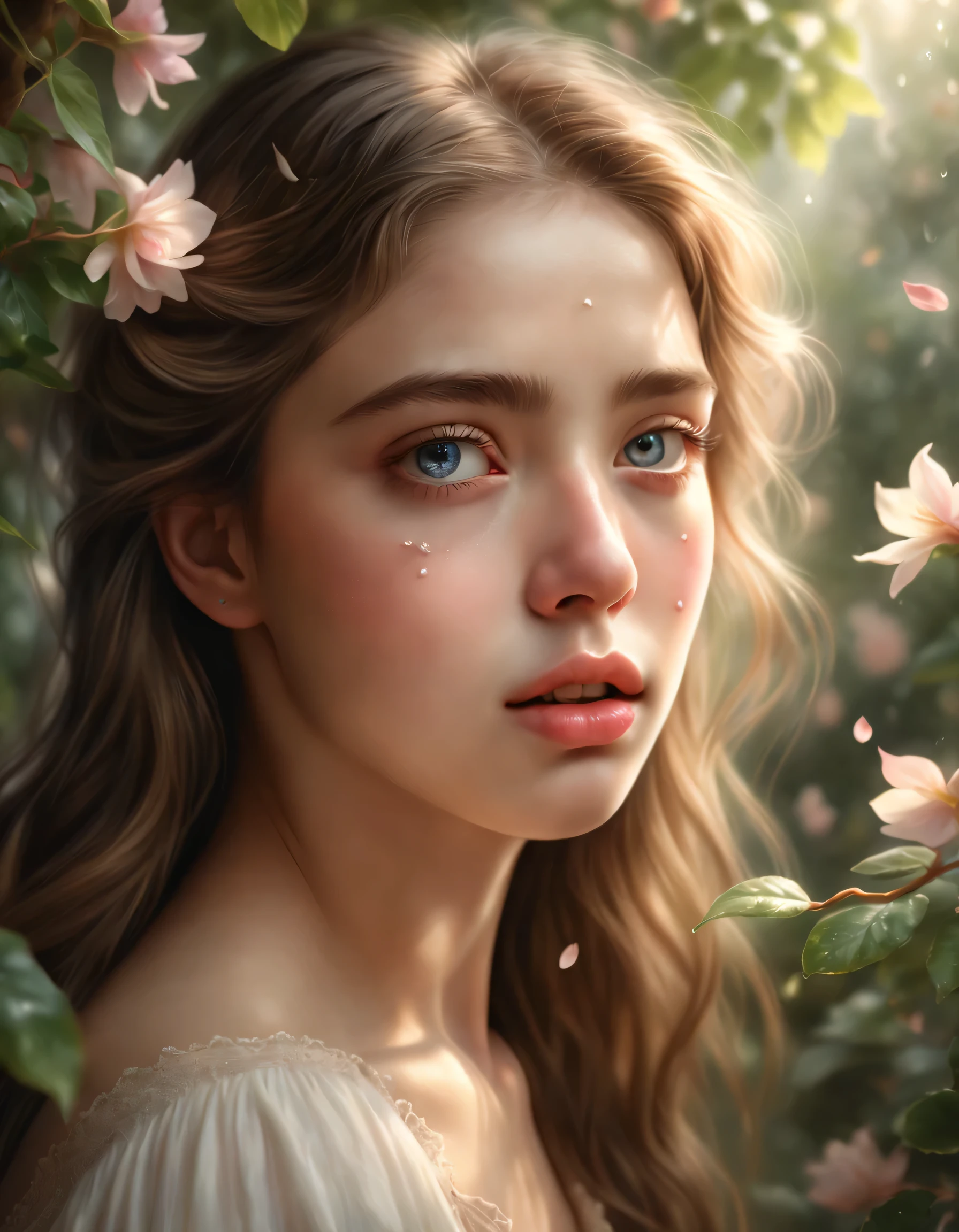 (best quality,4k,8k,Altas,master part:1.2),ultra-detalhado,(Realistic,photoRealistic,photo-Realistic:1.37),Song of the steps, Sowing in Tears,illustration,retrato,belos olhos detalhados,beautiful detailed lips,olhos e rosto extremamente detalhados,long eyelashes,emocional,subtle lighting,detalhes intrincados,watercolor technique,vivid colors,mystic atmosphere,elementos extravagantes,dreamlike scenery,subtle pastel hues,ethereal beauty,floating petals,melodias suaves,tears symbolizing emotions,pinceladas delicadas,Movimentos suaves,fine art master part,serene facial expression,ambiente tranquilo do jardim,soft, natural lighting,weak sunlight through the leaves,brilho sutil,paleta de cores moderada,uma ****** em um jardim,Fechaduras Fluidas,serenidade e tranquilidade。