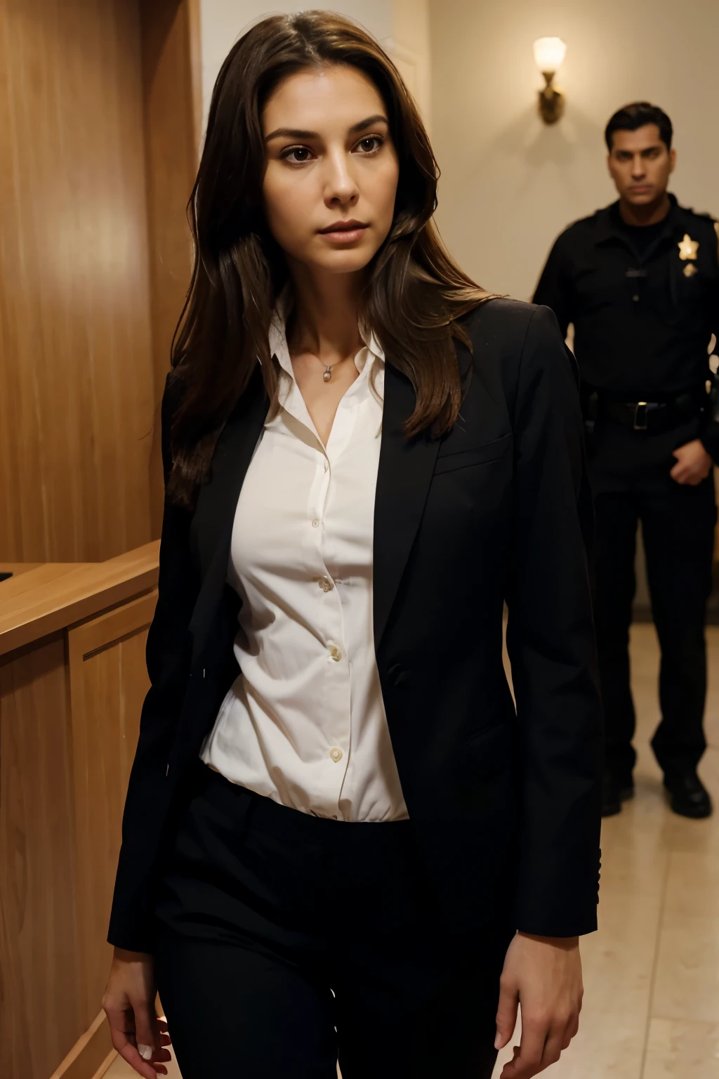 beautiful woman, lawyer in suit (woman in her 30s) pretty face (long, straight brown hair) (brown eyes) (white skin) (face: serious, calm) full body, (beautiful woman, tall, slim waist, wide hips , hot, sexy and beautiful) Western (location: trial, court) (suit, formal clothes, black jacket, black shirt, black pants) (police officers in the background, judge in the background)