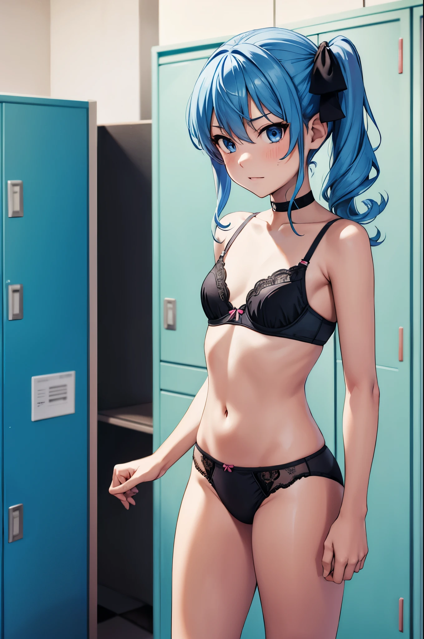 masterpiece, best quality, 1girl, solo, hoshimachisuisei, suisei hoshimachi, blue eyes, blue hair, choker, hair between eyes, medium hair, side ponytail, flat chest, sexy black underwear, black panties, black bra, standing, looking at viewer, whole body can be seen, rape face, locker room, detailed hands, five fingers