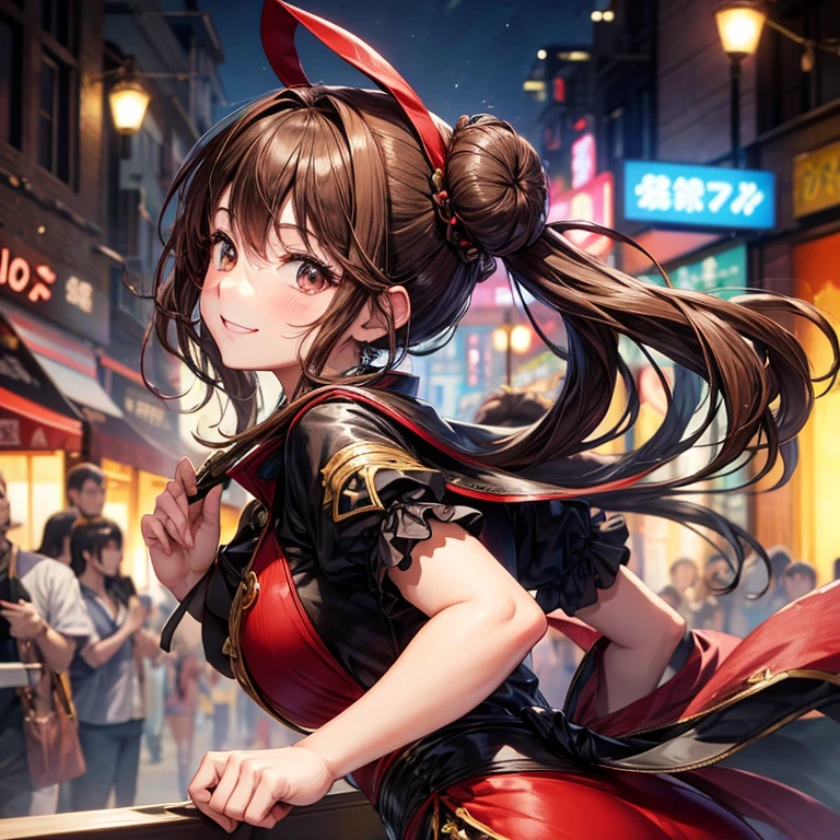 animesque、a beauty girl、karaoke、Crowds、present、profile、Brown hair、Black eyes glow、A smile、Bun hair