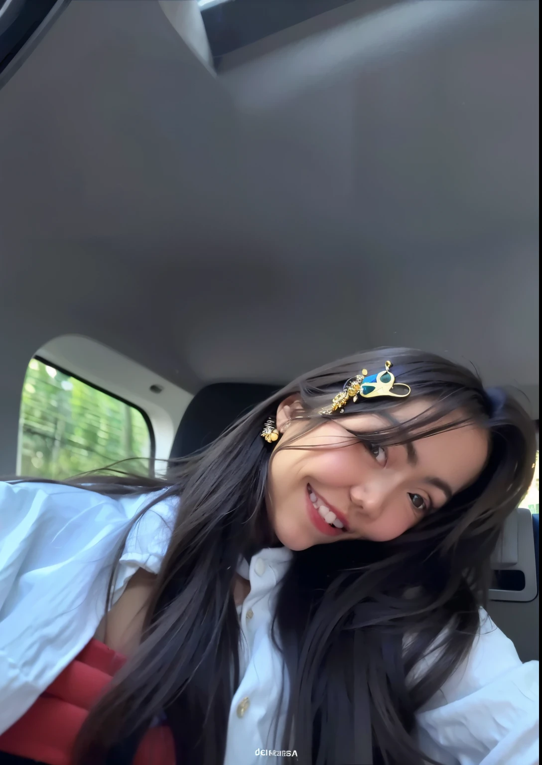 Mujer sonriente en un coche con una corona en la cabeza., Isabela Moner, dilraba dilmurat, Pokimane, headshot foto de perfilture, sonrisa encantadora, imagen de muy muy muy baja calidad, Imagen de perfil, foto de perfil, Lalisa Manobal, hermosa y sonriente, Frente alta, bonita sonrisa, con flequillo, muy tonto, frente ancha