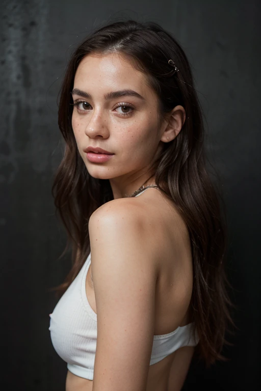 ((best quality)), ((masterpiece)), (detailed), perfect face realistic photo of beautiful woman with long dark brown hair, Russian, influencer, light freckles, dark brown eyes, big lips, no makeup, insagram, standing next to black wall, yoga outfit