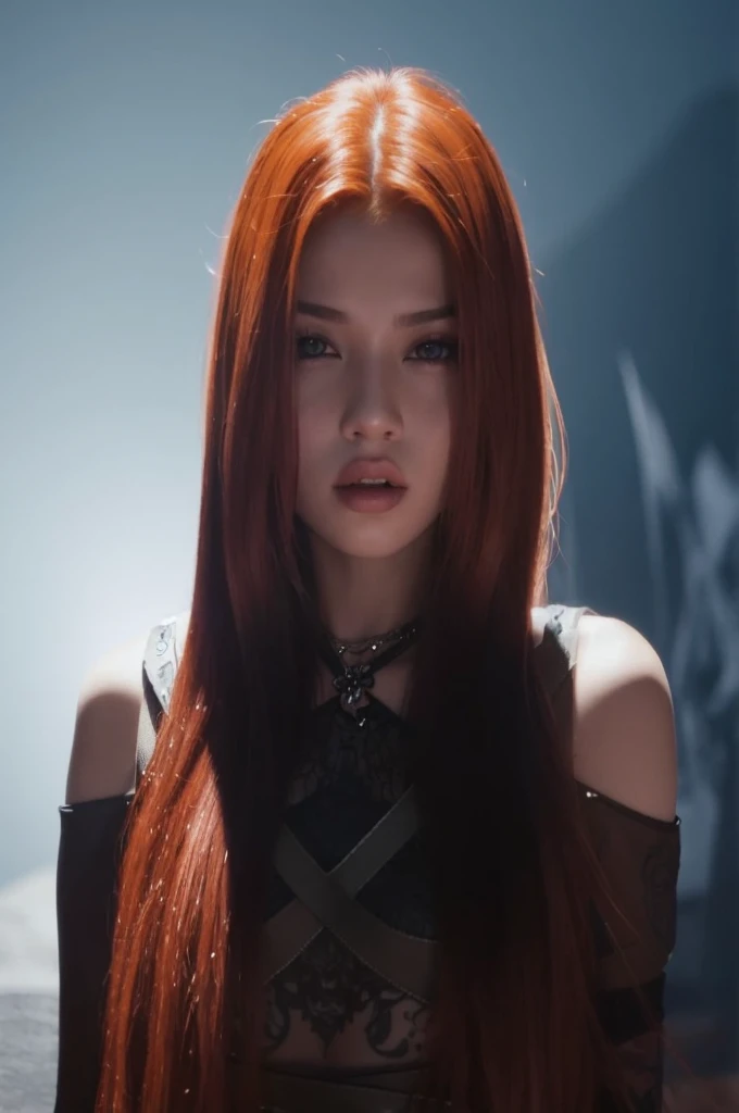 a close up of a woman with long red hair and a tattoo on her arm, portrait of jossi of blackpink, jossi of blackpink, with long hair and piercing eyes, she has long redorange hair, long glowing ethereal hair, roseanne park of blackpink, blackpink jennie, sun yunjoo, with long red hair, 8k artgerm bokeh
