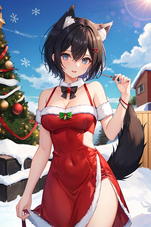 girl with wolf ears and tail, (very short hair), black hair, tomboy, medium breasts, attractive, sexy, tomboyish and wear a Christmas Dress