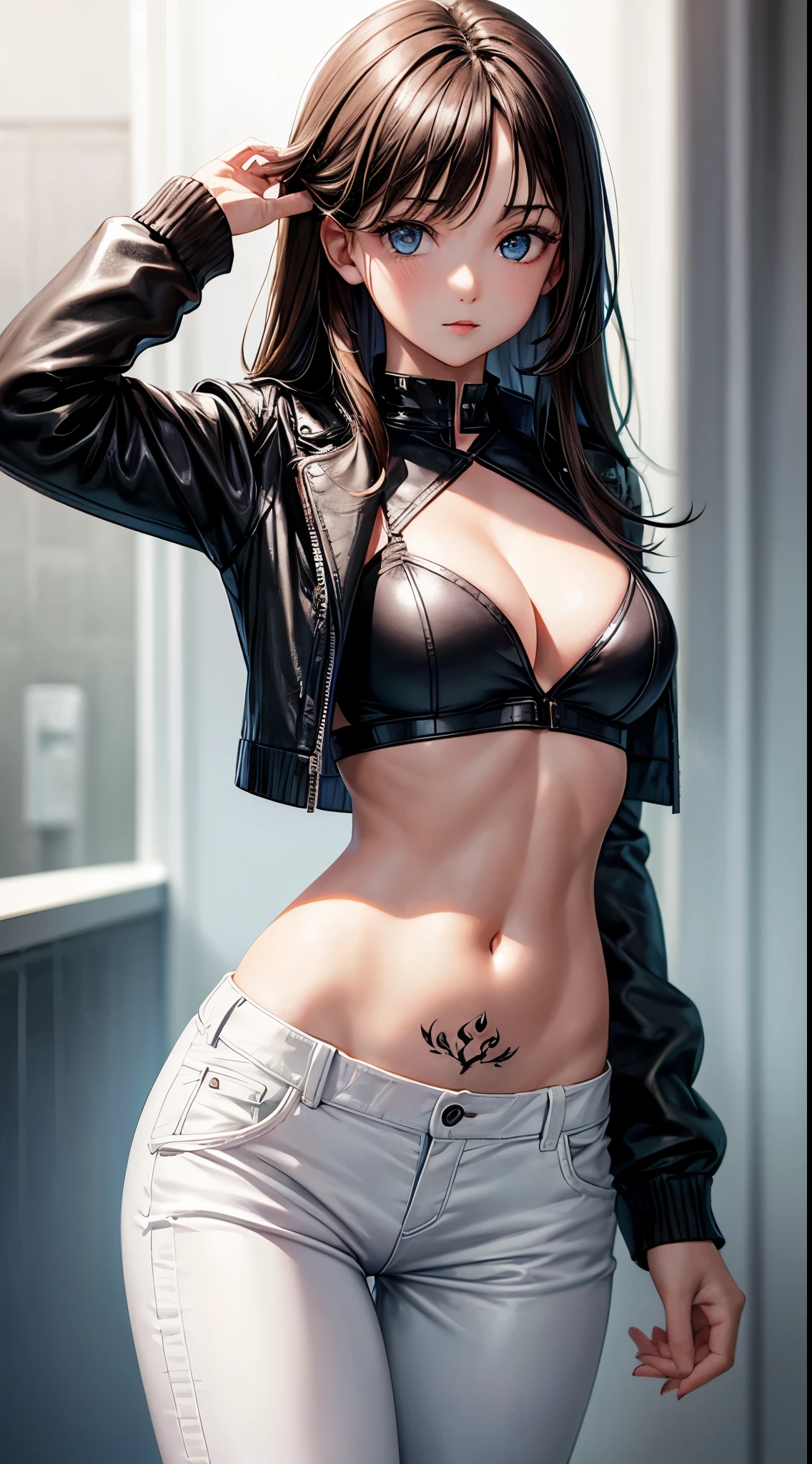 black leather bra, wear a white short cardigan, white long pants, open belly, midriff, one hand on the waist, pretty girl, Long dark brown hair, blue eyes, sexy girl, Flower tattoo below the navel
