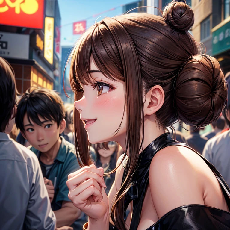 animesque、a beauty girl、karaoke、Crowds、present、profile、Brown hair、Black eyes glow、A smile、Bun hair